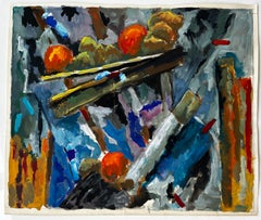Abstract Still Life with Fruit and Artist’s Tools French Modern Gouache Painting
