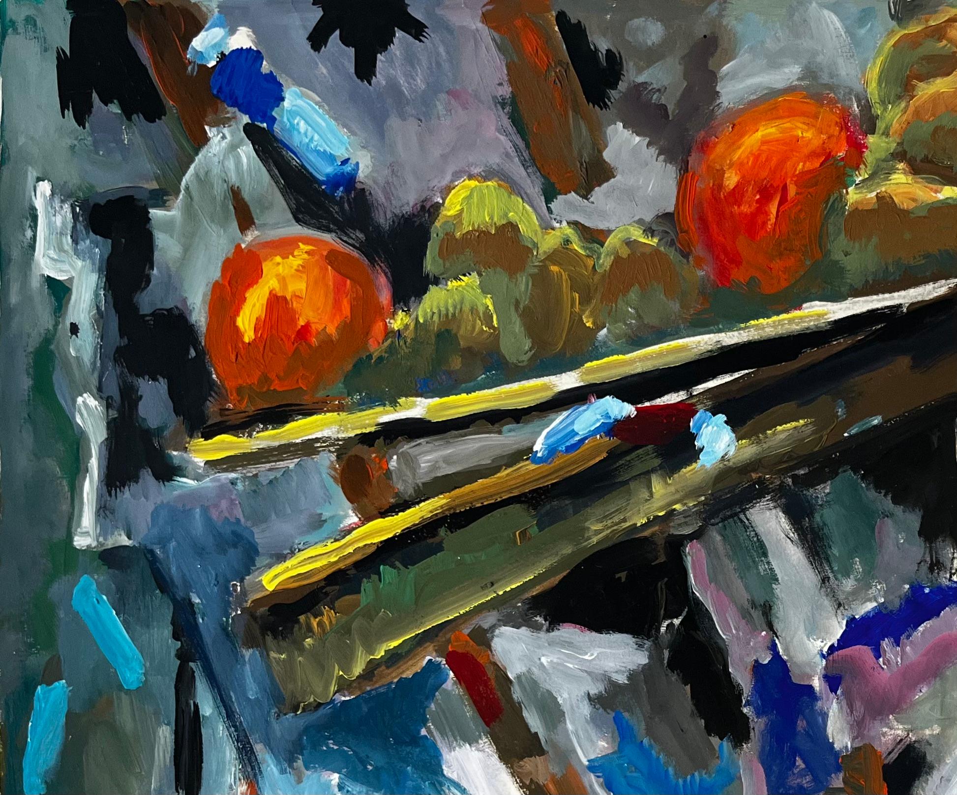Nature morte abstraite avec fruits et outils d'artiste Peinture à la gouache moderne française - Moderne Painting par Guy Nicod