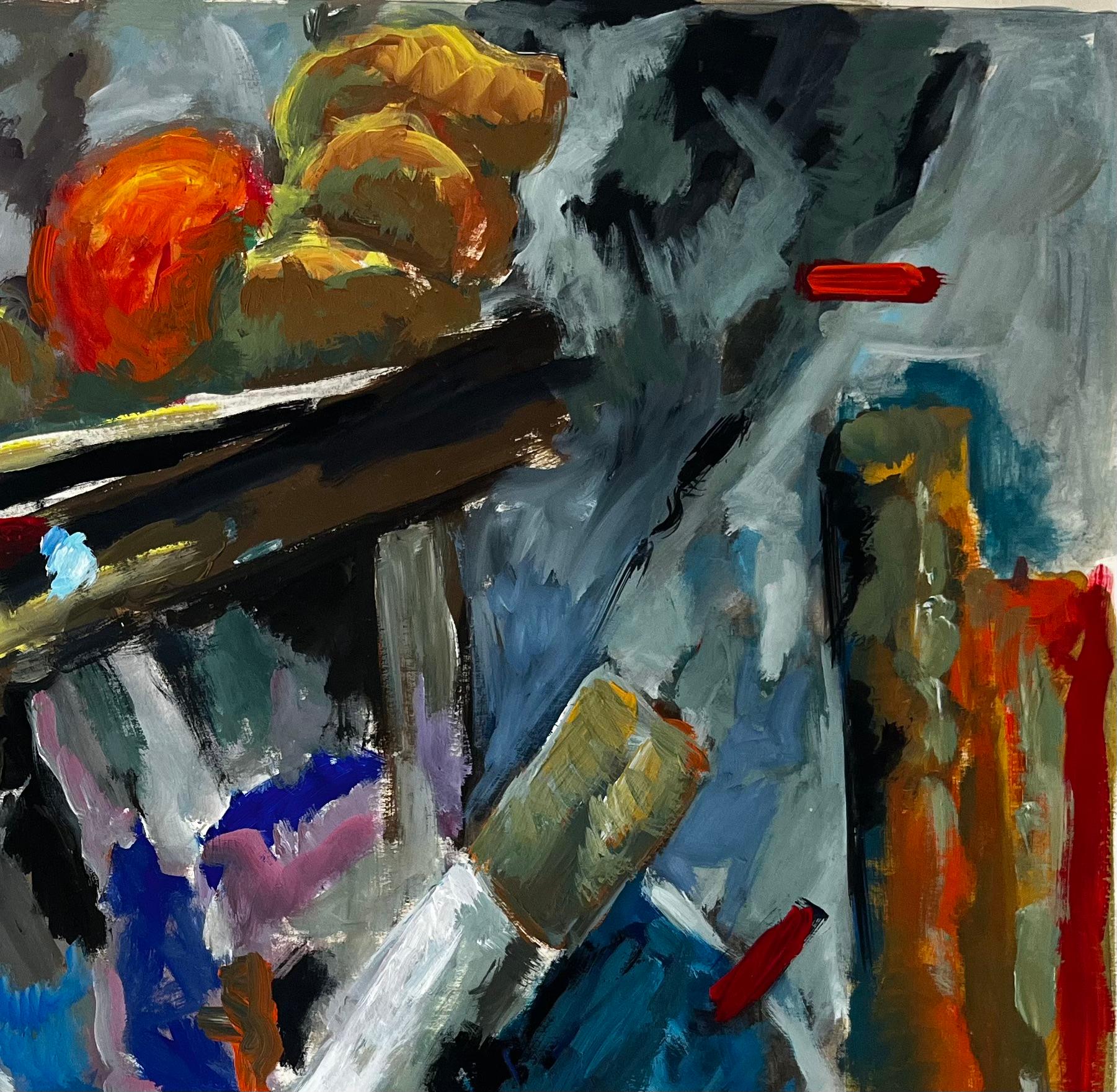 Nature morte abstraite avec fruits et outils d'artiste Peinture à la gouache moderne française - Noir Still-Life Painting par Guy Nicod