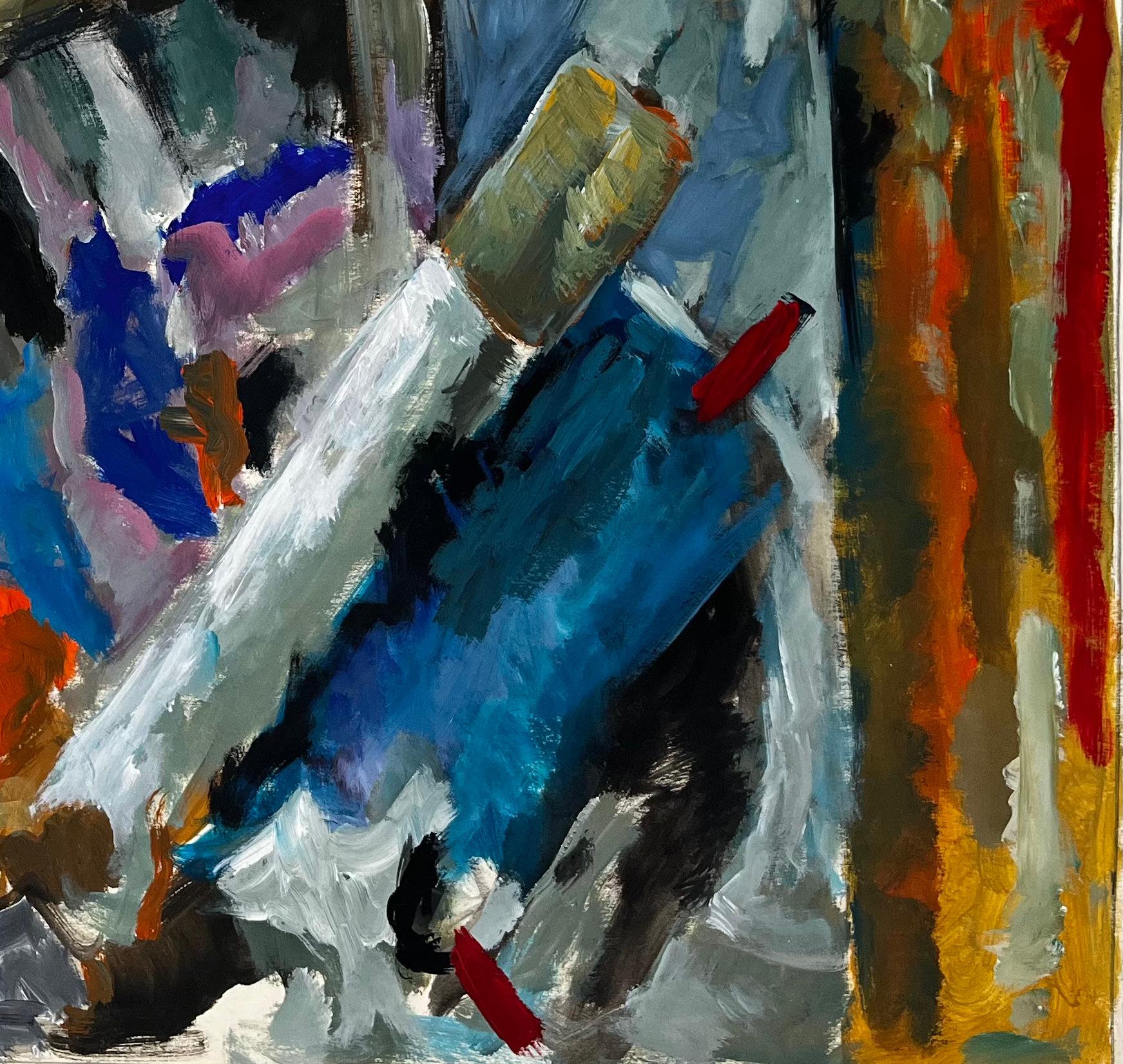 Titre : Nature morte abstraite avec fruits et outils d'artiste Peinture à la gouache moderne française
Guy Nicod (français 1923 - 2021) 
Gouache sur papier d'artiste, non encadrée
Taille : 19 x 22,5 pouces (hauteur x largeur)
Provenance : Succession