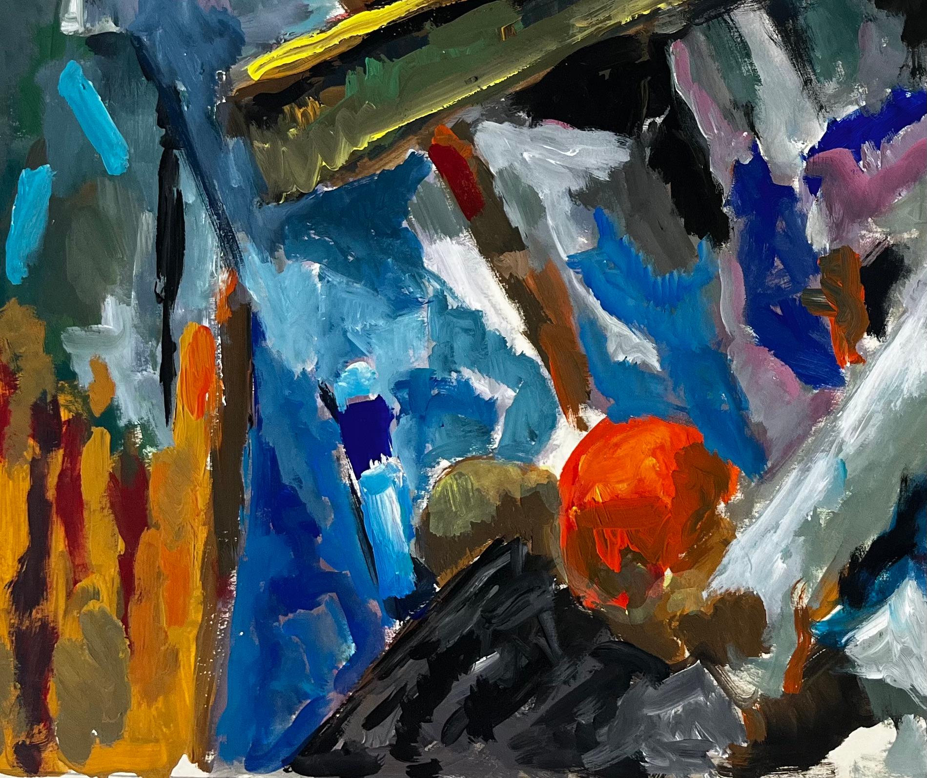 Nature morte abstraite avec fruits et outils d'artiste Peinture à la gouache moderne française en vente 1