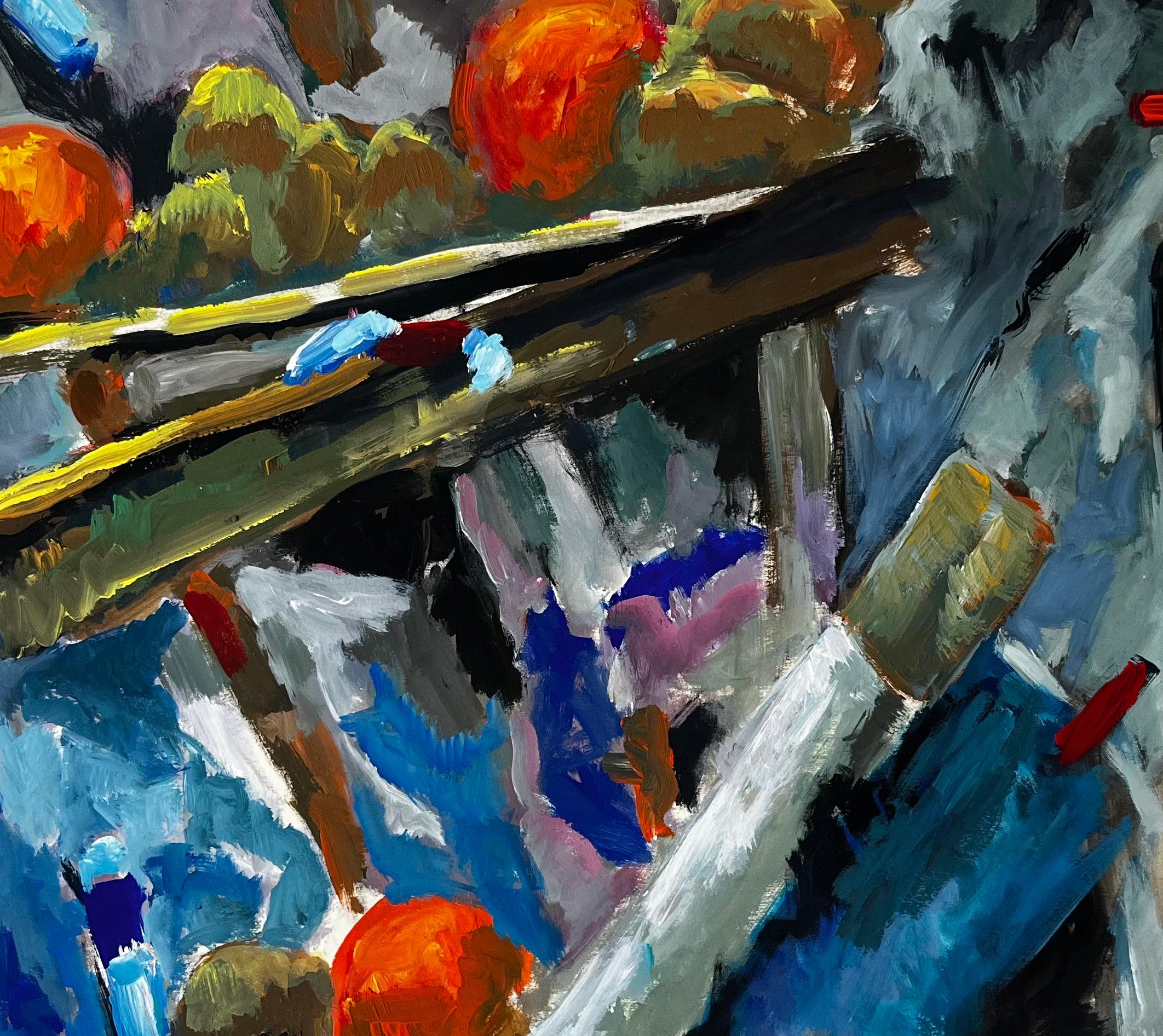 Nature morte abstraite avec fruits et outils d'artiste Peinture à la gouache moderne française en vente 2
