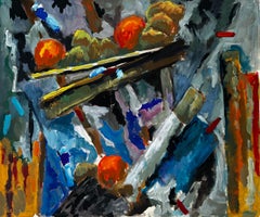 Abstract Still Life with Fruit and Artist’s Tools French Modern Gouache Painting