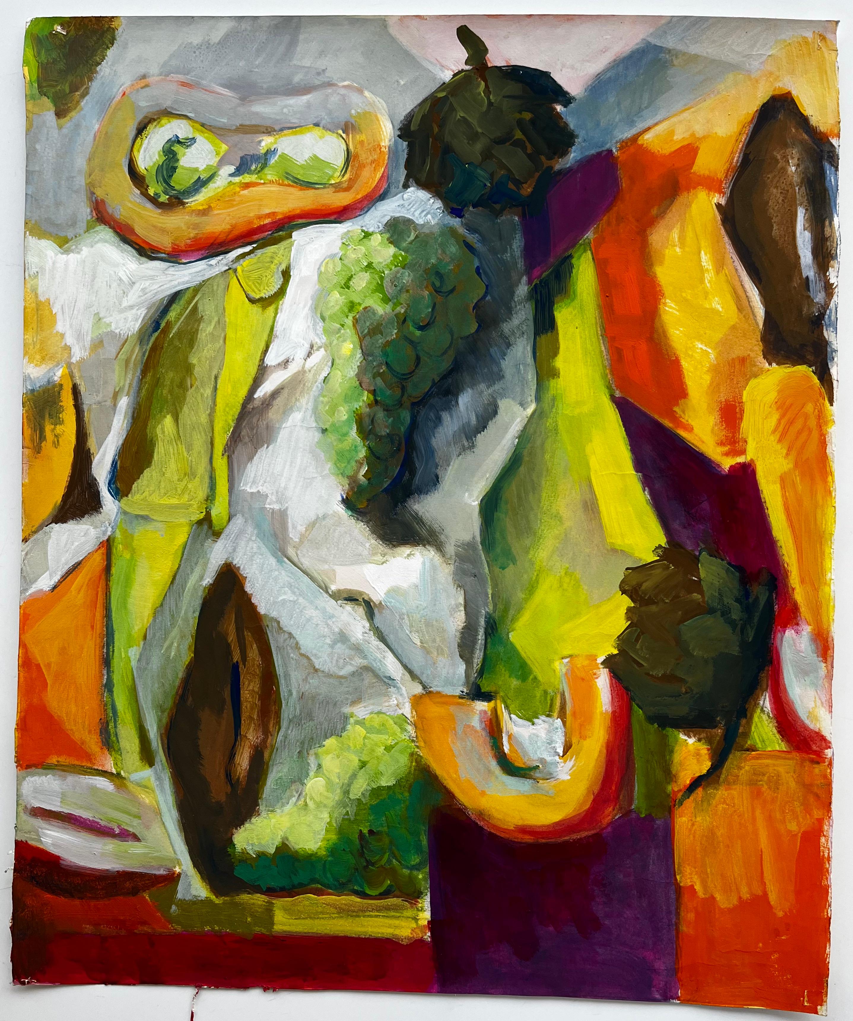 Abstraktes Stillleben mit Obst Trauben Birnen und Melone Französische Moderne Gouache – Painting von Guy Nicod