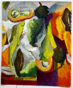 Abstract Still Life with Fruit Grapes Pears and Melon French Modernist Gouache