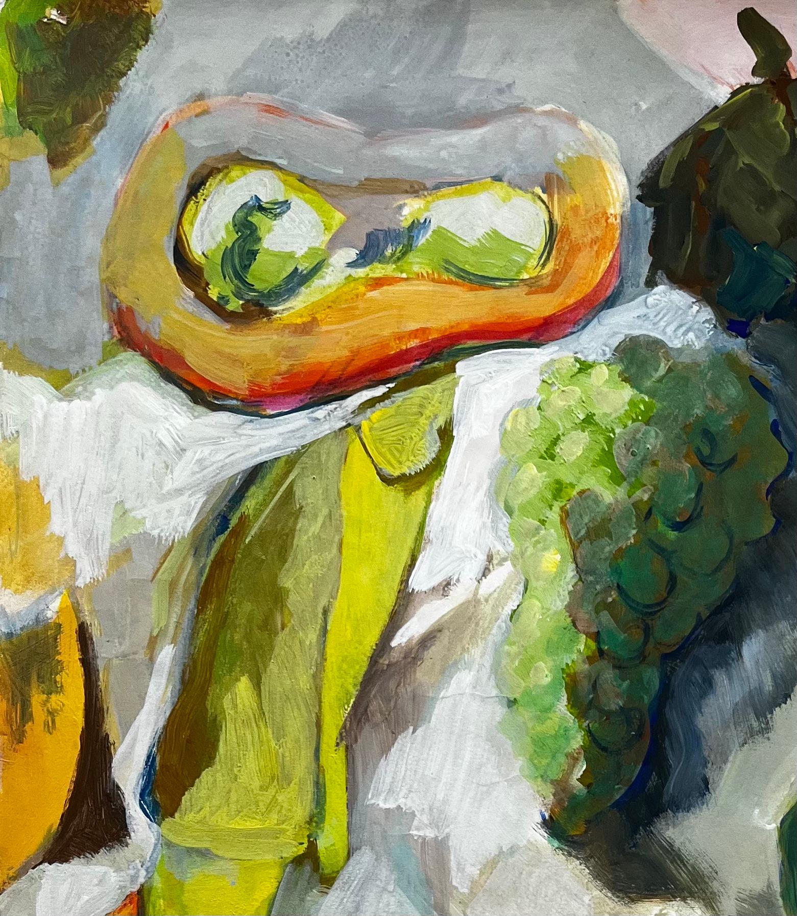 Abstraktes Stillleben mit Obst Trauben Birnen und Melone Französische Moderne Gouache (Braun), Abstract Painting, von Guy Nicod