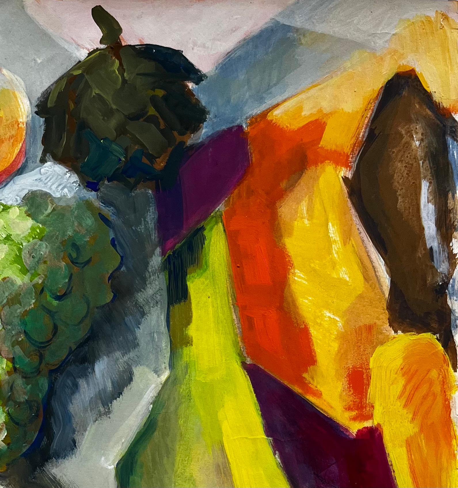 Titel: Abstraktes Stillleben mit Obst Trauben Birnen und Melone Französische Moderne Gouache
Guy Nicod (Französisch 1923 - 2021) 
Gouache auf Künstlerpapier, ungerahmt
Größe: 24 x 19,75 Zoll (Höhe x Breite)
Provenienz: Künstlernachlass,