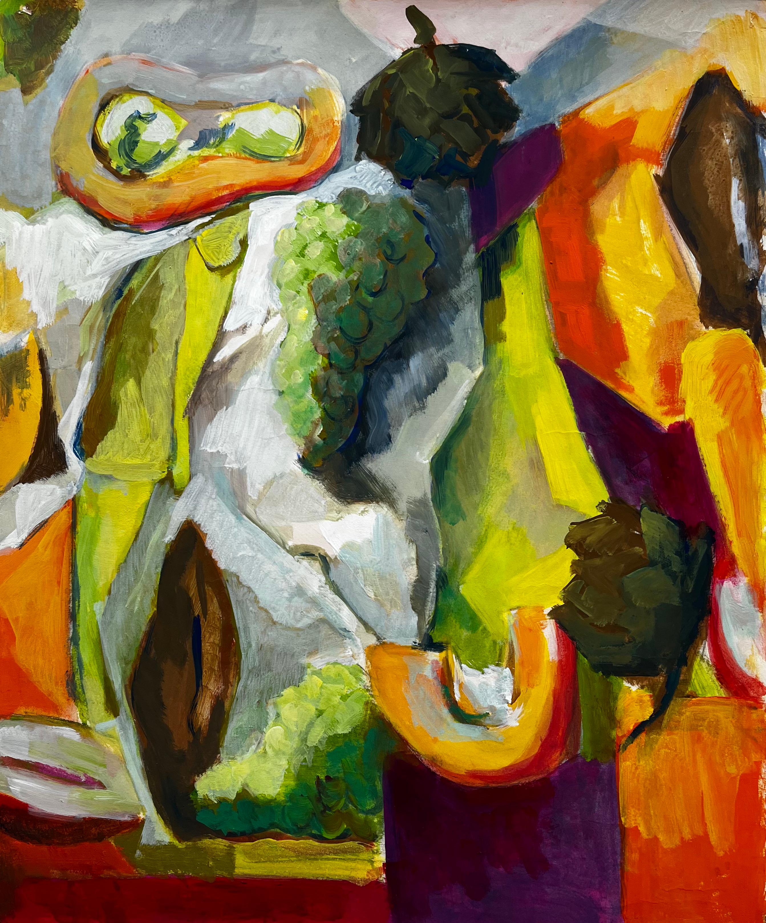 Abstract Still Life with Fruit Grapes Pears and Melon French Modernist Gouache