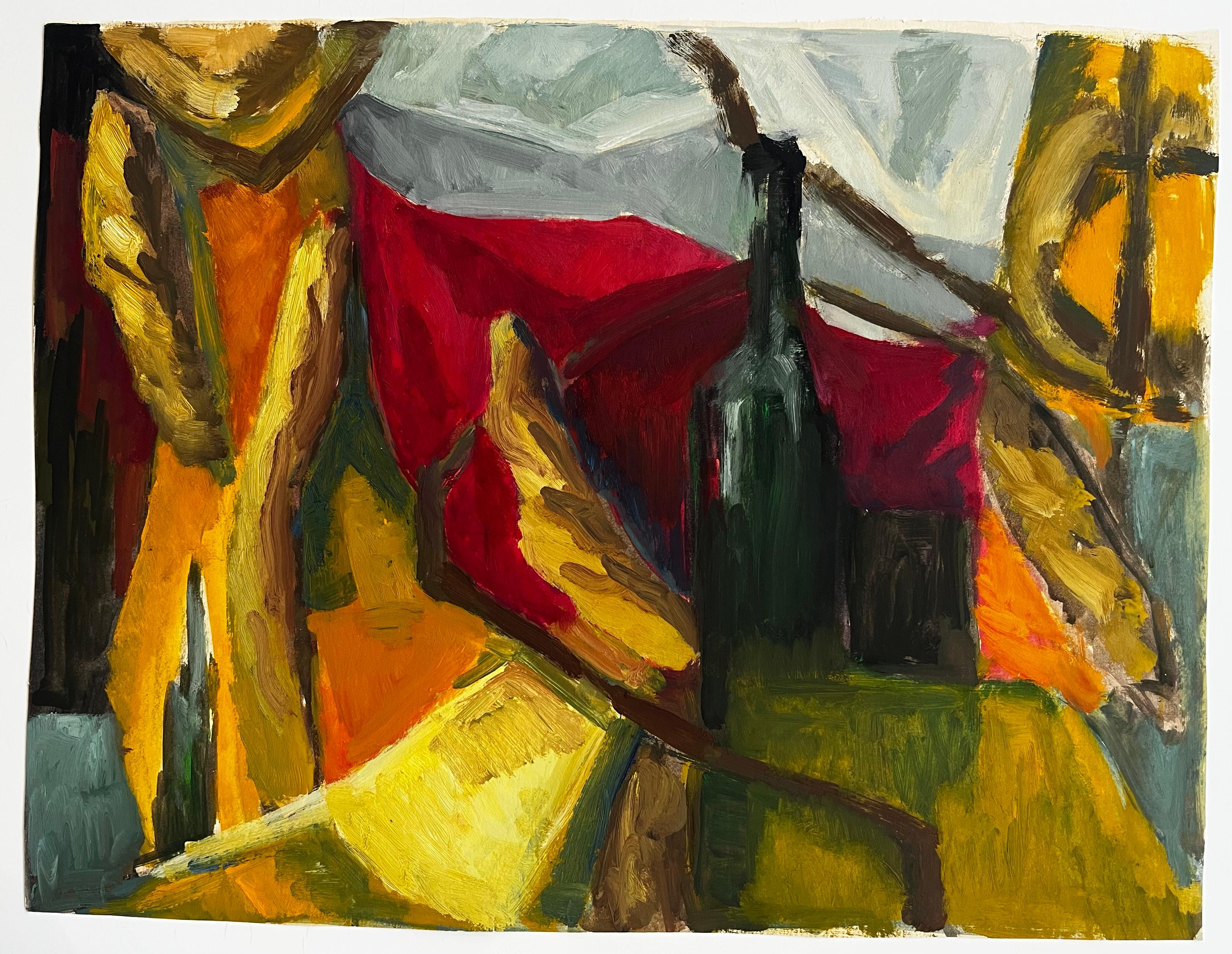 Abstract Still Life with Green Bottle Draped Fabrics Fruit Forms Modernist - Painting by Guy Nicod