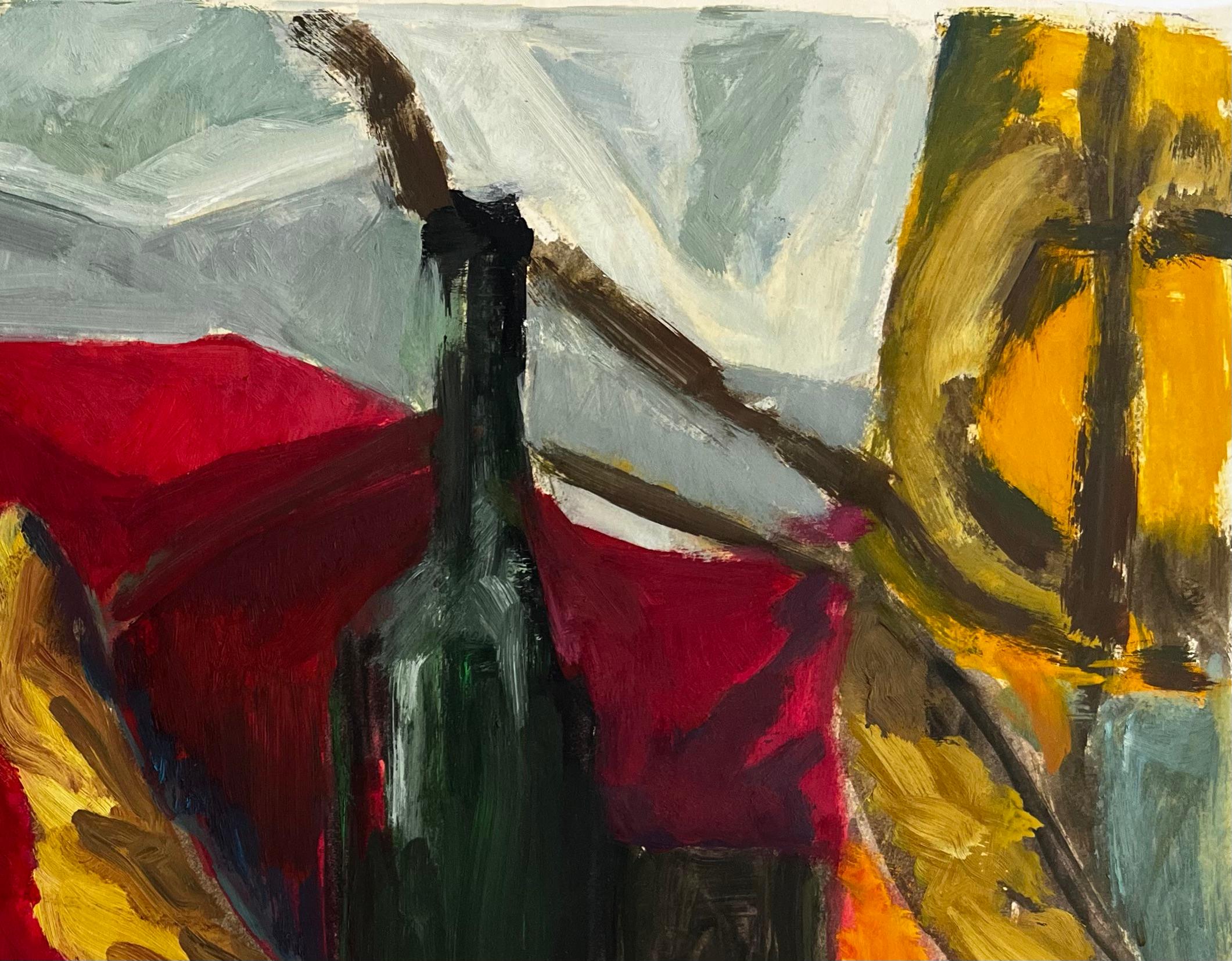 Abstract Still Life with Green Bottle Draped Fabrics Fruit Forms Modernist - Brown Still-Life Painting by Guy Nicod