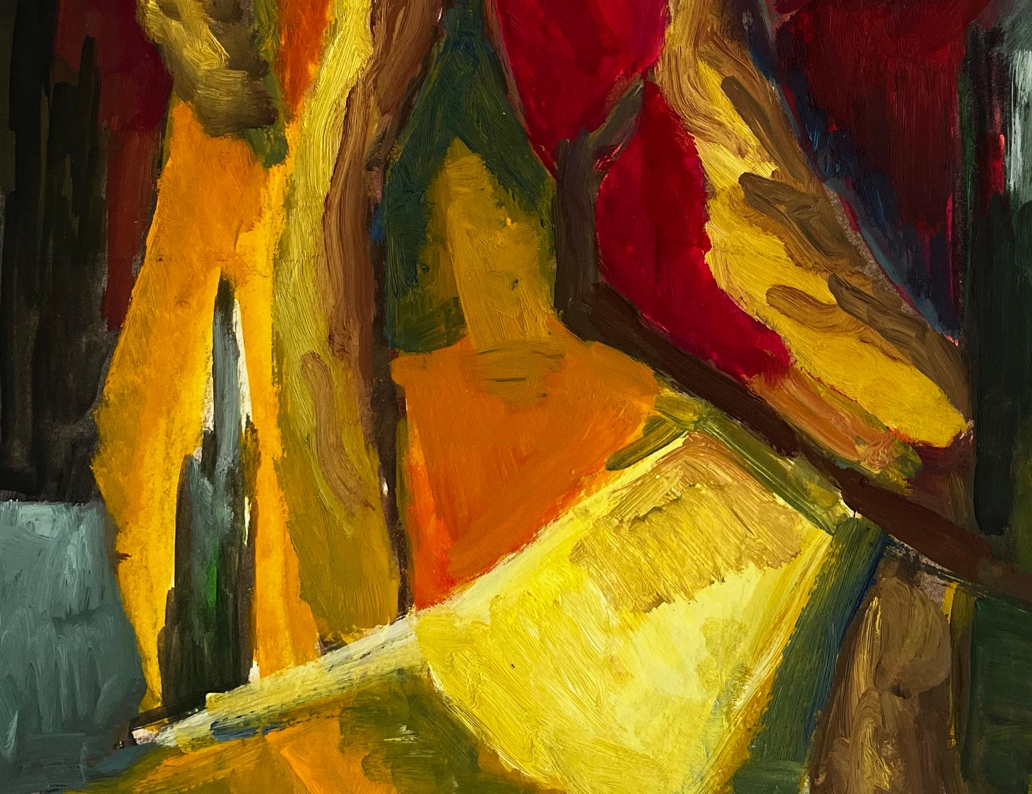 Abstract Still Life with Green Bottle Draped Fabrics Fruit Forms Modernist For Sale 1