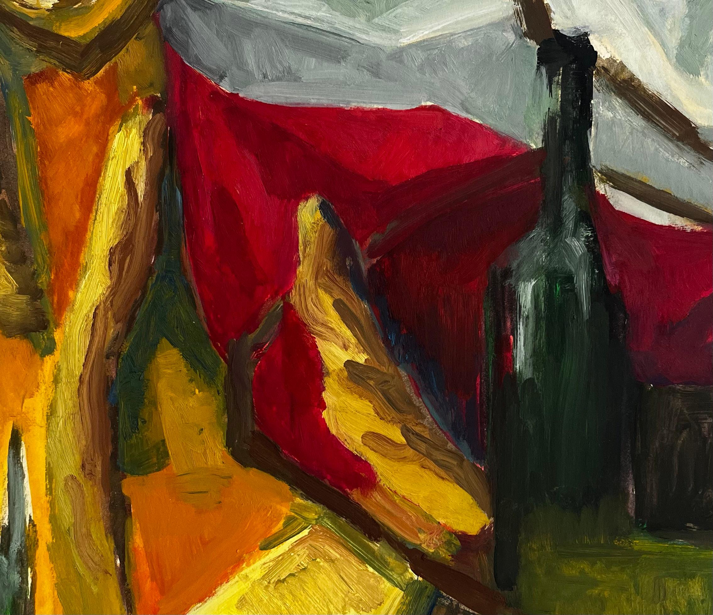 Abstract Still Life with Green Bottle Draped Fabrics Fruit Forms Modernist For Sale 3