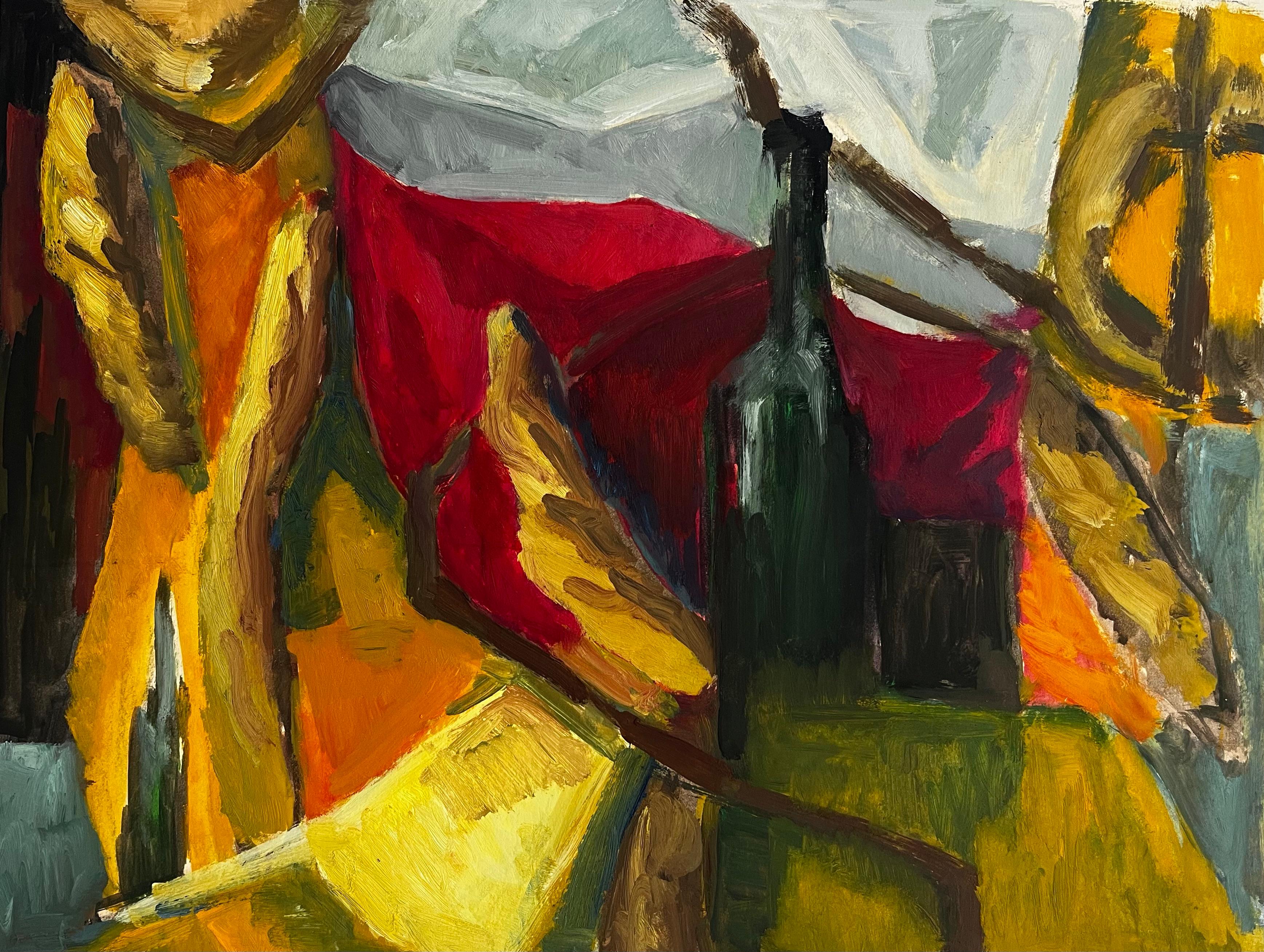 Nature morte abstraite avec bouteille verte Tissus drapés Formes de fruits Moderniste