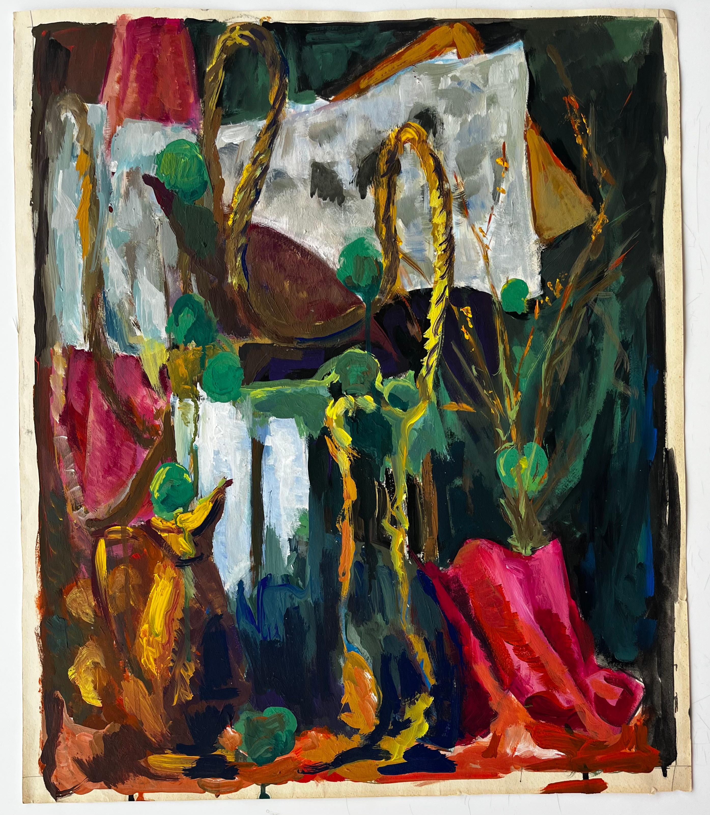 Abstraktes Stilleben mit grünen Kugeln, gelben Seilen und rosa Tüchern Französische Gouache – Painting von Guy Nicod