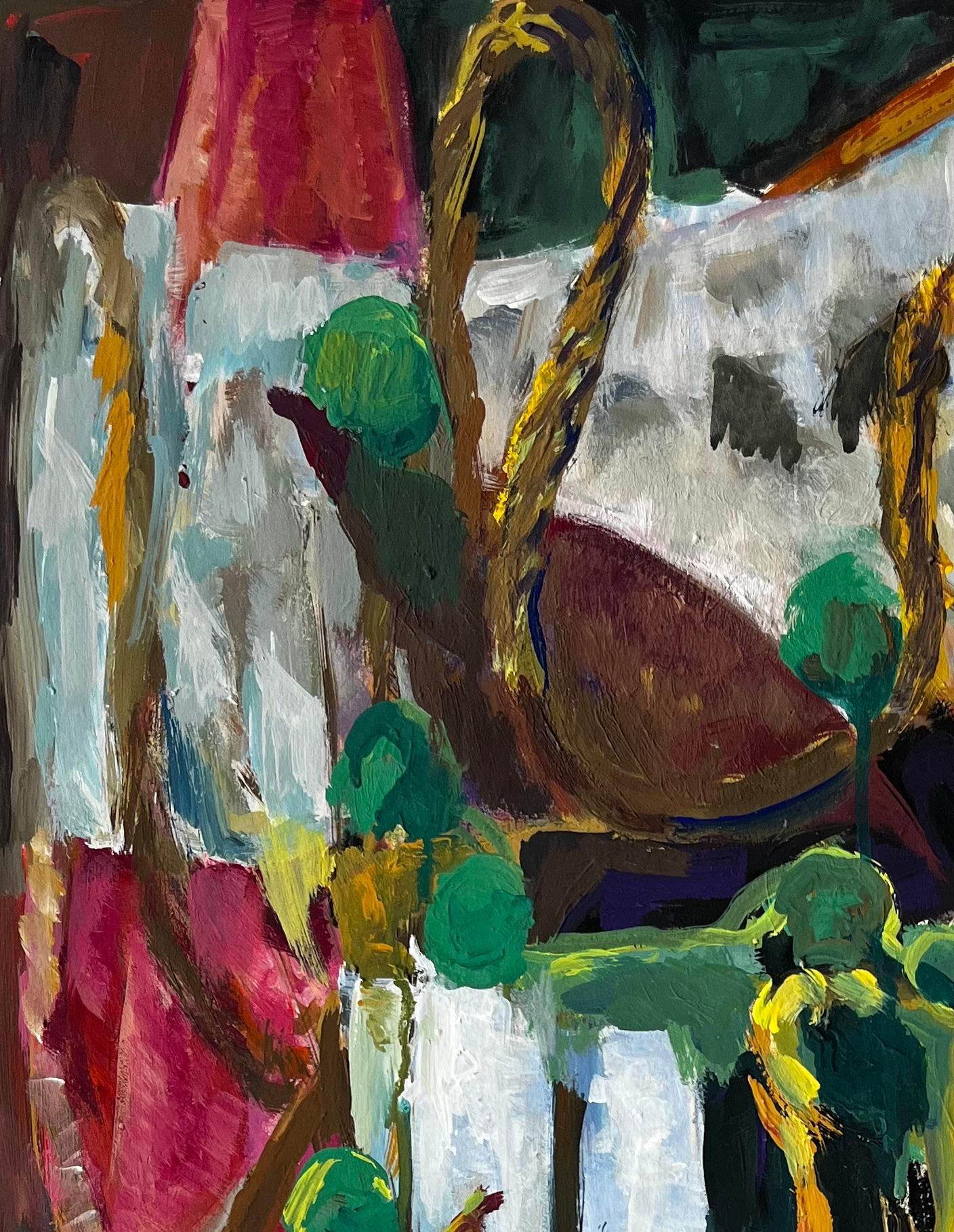 Abstraktes Stilleben mit grünen Kugeln, gelben Seilen und rosa Tüchern Französische Gouache (Moderne), Painting, von Guy Nicod