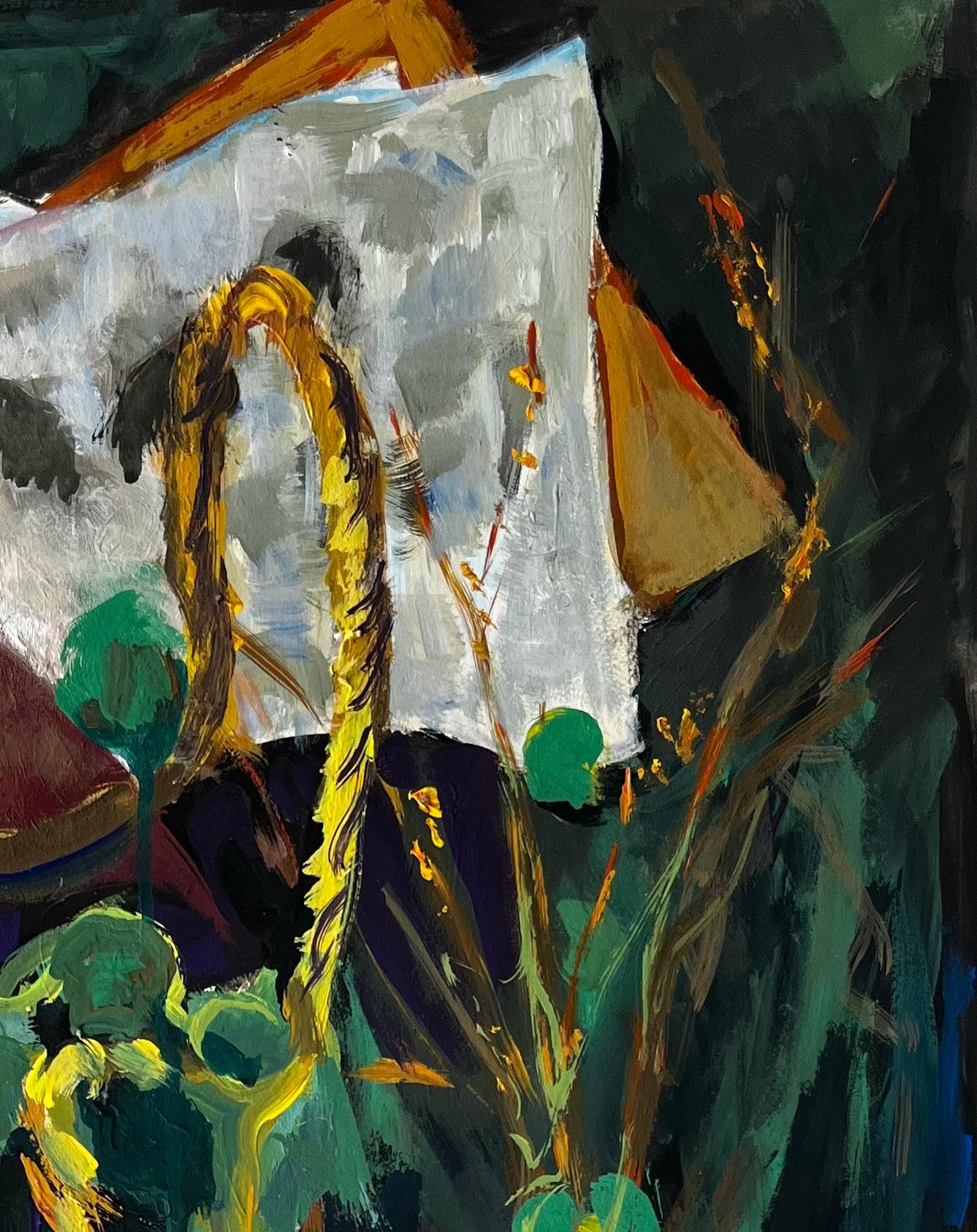 Abstraktes Stilleben mit grünen Kugeln, gelben Seilen und rosa Tüchern Französische Gouache (Schwarz), Still-Life Painting, von Guy Nicod