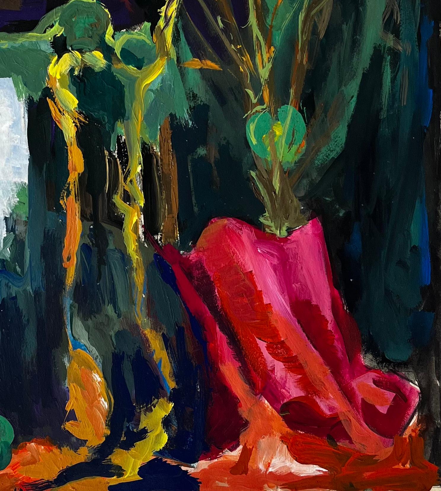 Titel: Abstraktes Stilleben mit grünen Kugeln, gelbem Seil und rosa Tuch Französische Gouache
Guy Nicod (Französisch 1923 - 2021) 
Gouache auf Künstlerpapier, ungerahmt
Größe: 22,75 x 19,25 Zoll (Höhe x Breite)
Provenienz: Künstlernachlass,