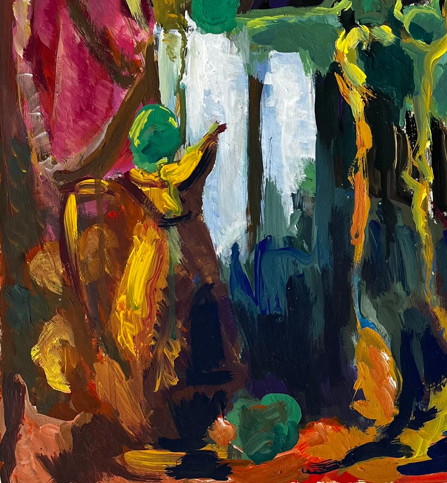 Abstraktes Stilleben mit grünen Kugeln, gelben Seilen und rosa Tüchern Französische Gouache im Angebot 1