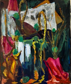 Nature morte abstraite avec sphères vertes, corde jaune et tissu rose Gouache française