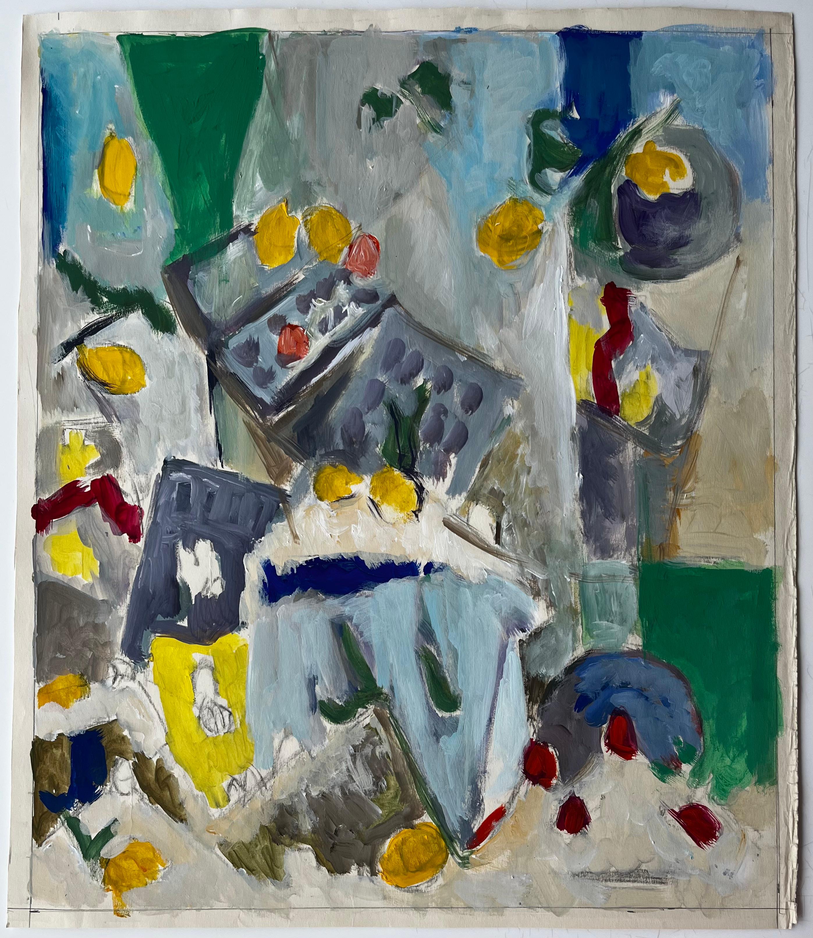 Abstract Still Life with Lemons Table and Blue Cloth French Modernist Gouache - Painting by Guy Nicod