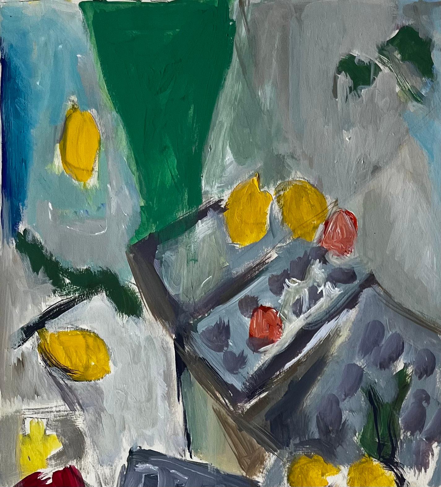 Abstract Still Life with Lemons Table and Blue Cloth French Modernist Gouache - Gray Still-Life Painting by Guy Nicod