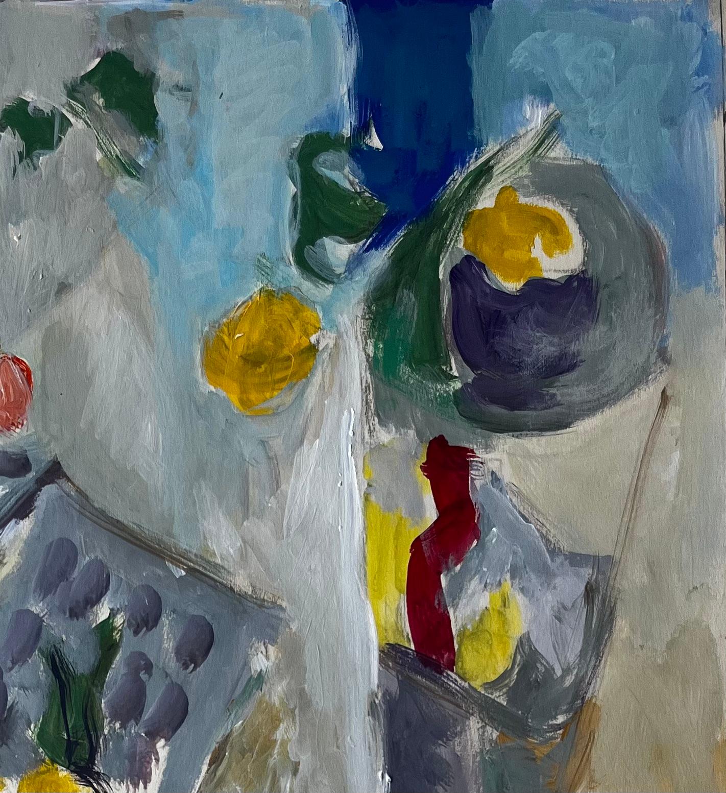 Title: Abstract Still Life with Lemons Table and Blue Cloth French Modernist Gouache
Guy Nicod (French 1923 - 2021) 
Gouache on artist paper, unframed
Size: 22.5 x 19.25 inches (height x width)
Provenance: Artists estate, France
Condition: Good