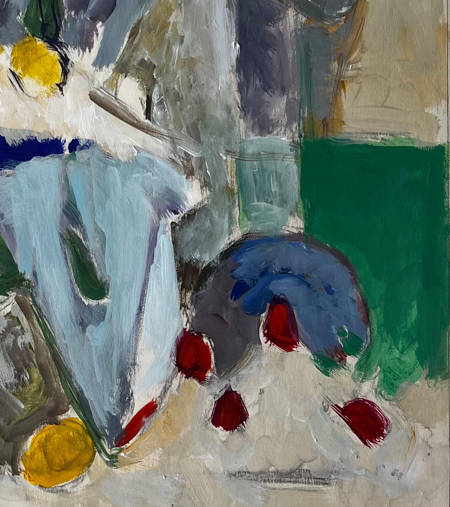 Abstract Still Life with Lemons Table and Blue Cloth French Modernist Gouache For Sale 1