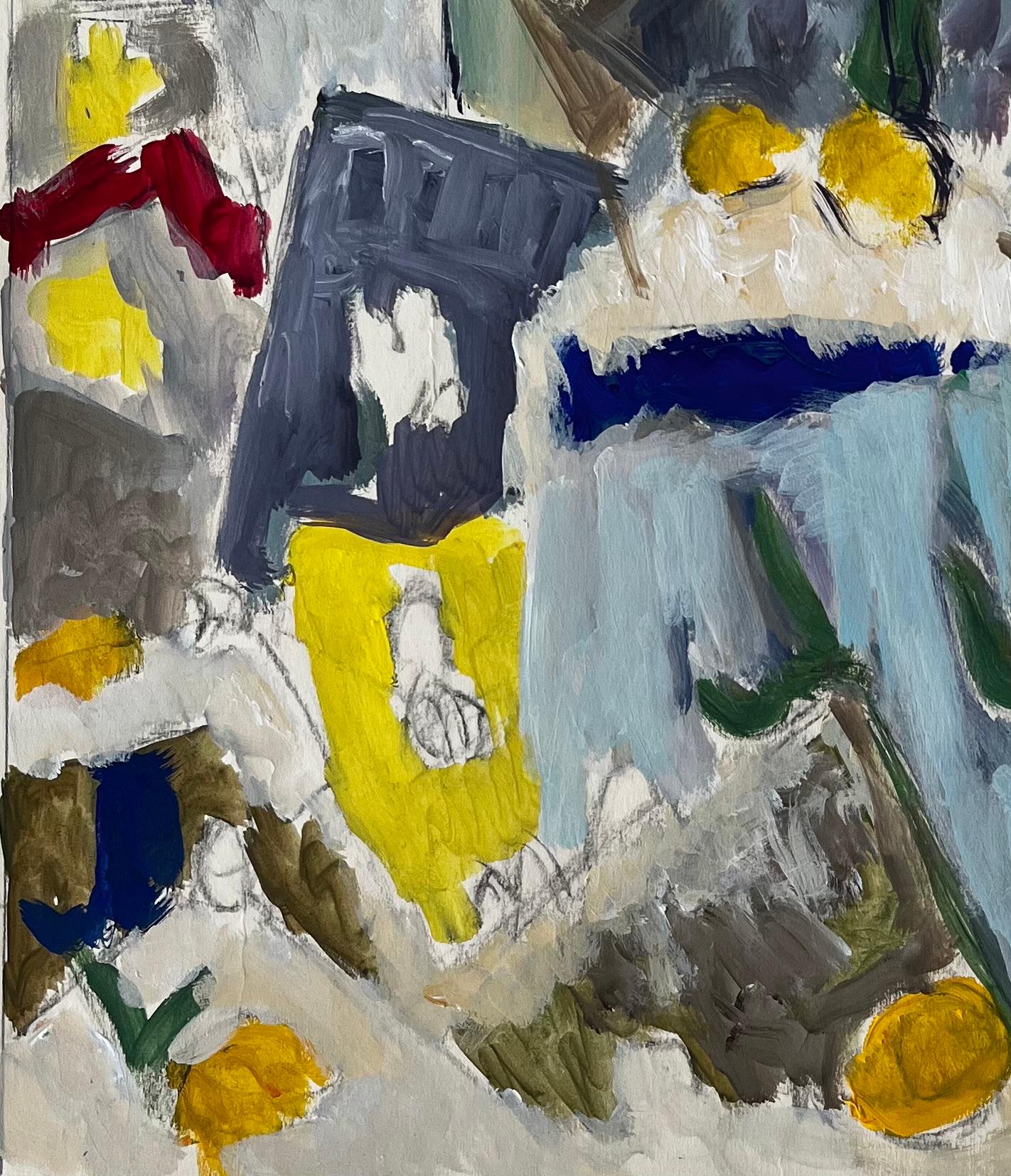 Abstract Still Life with Lemons Table and Blue Cloth French Modernist Gouache For Sale 2