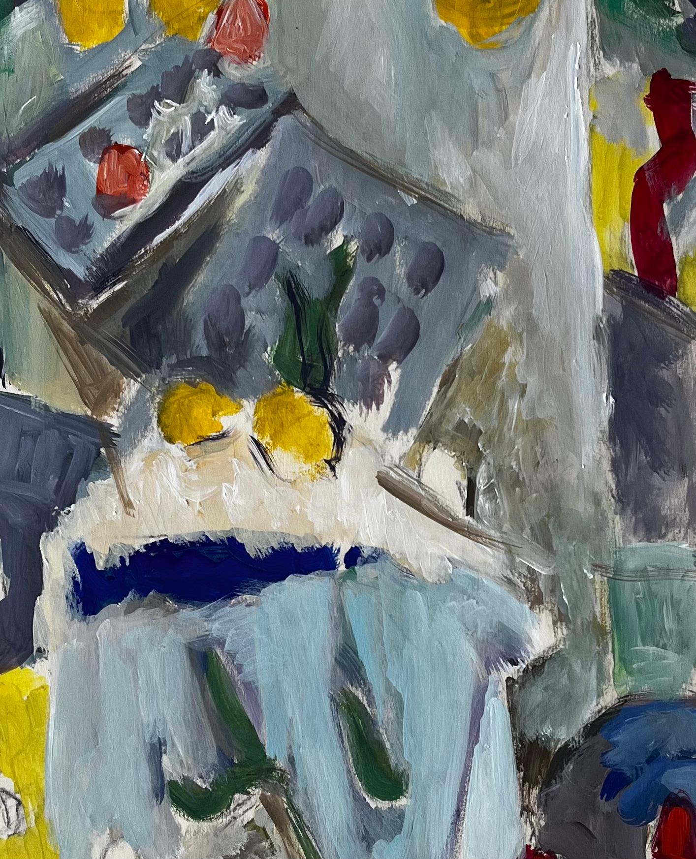 Abstract Still Life with Lemons Table and Blue Cloth French Modernist Gouache For Sale 3
