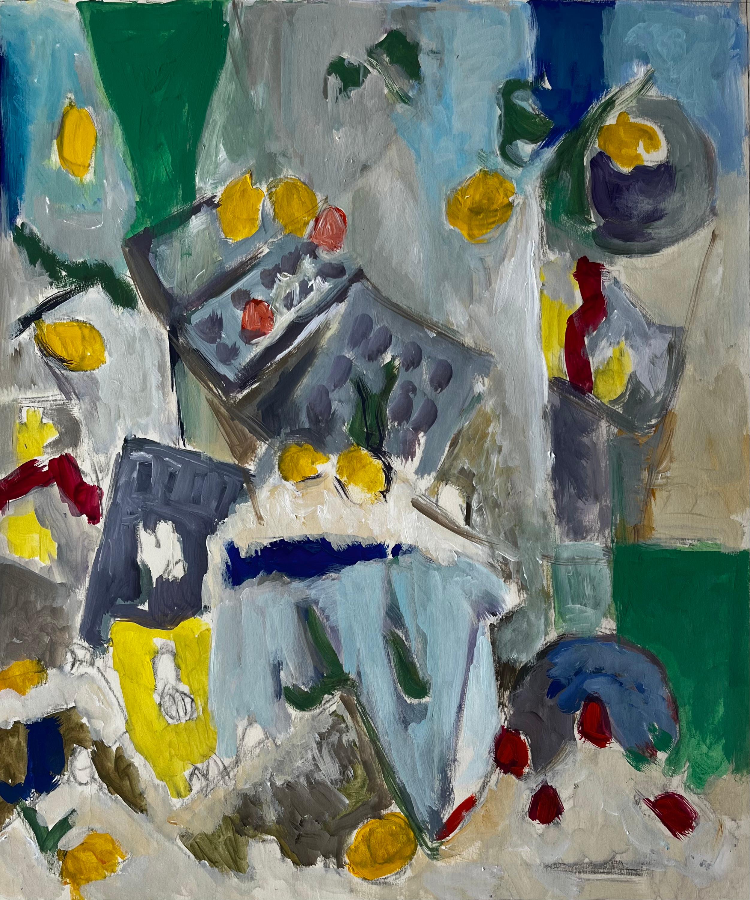 Abstraktes Stilleben mit Zitronen Tisch und blauem Tuch Französisch Modernist Gouache