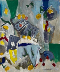 Abstract Still Life with Lemons Table and Blue Cloth French Modernist Gouache