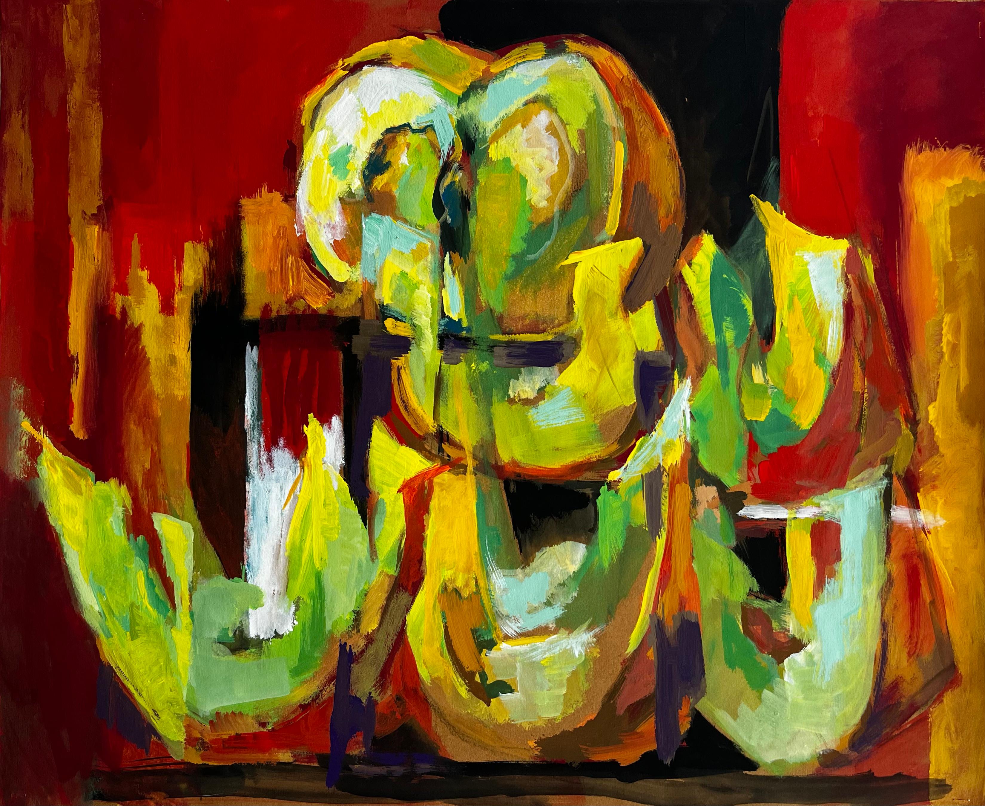 Nature morte abstraite avec melons Gouache moderniste française audacieuse et colorée