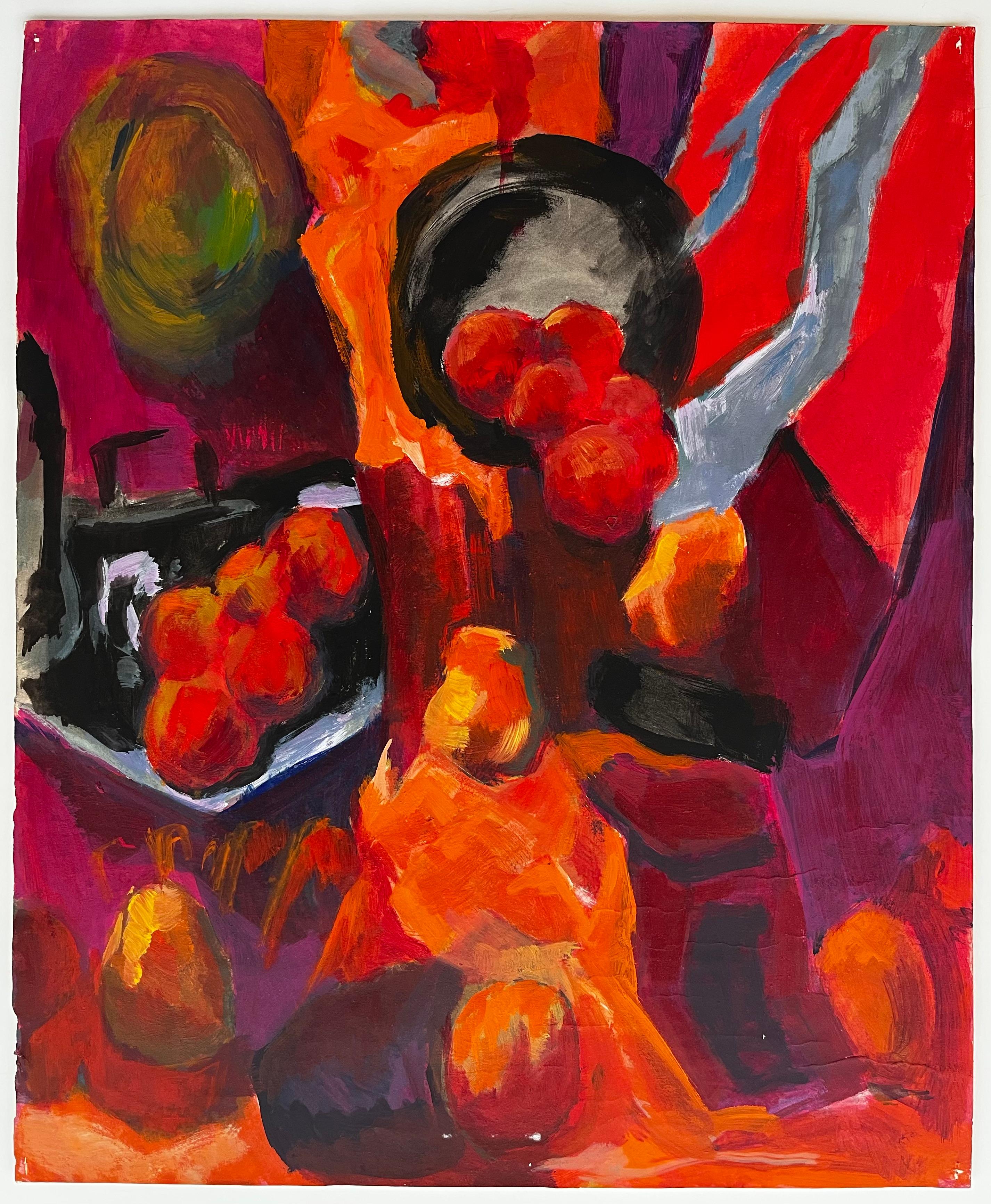 Abstract Still Life with Pears Apples and Oranges Modernist Gouache - Painting by Guy Nicod