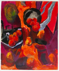 Abstract Still Life with Pears Apples and Oranges Modernist Gouache