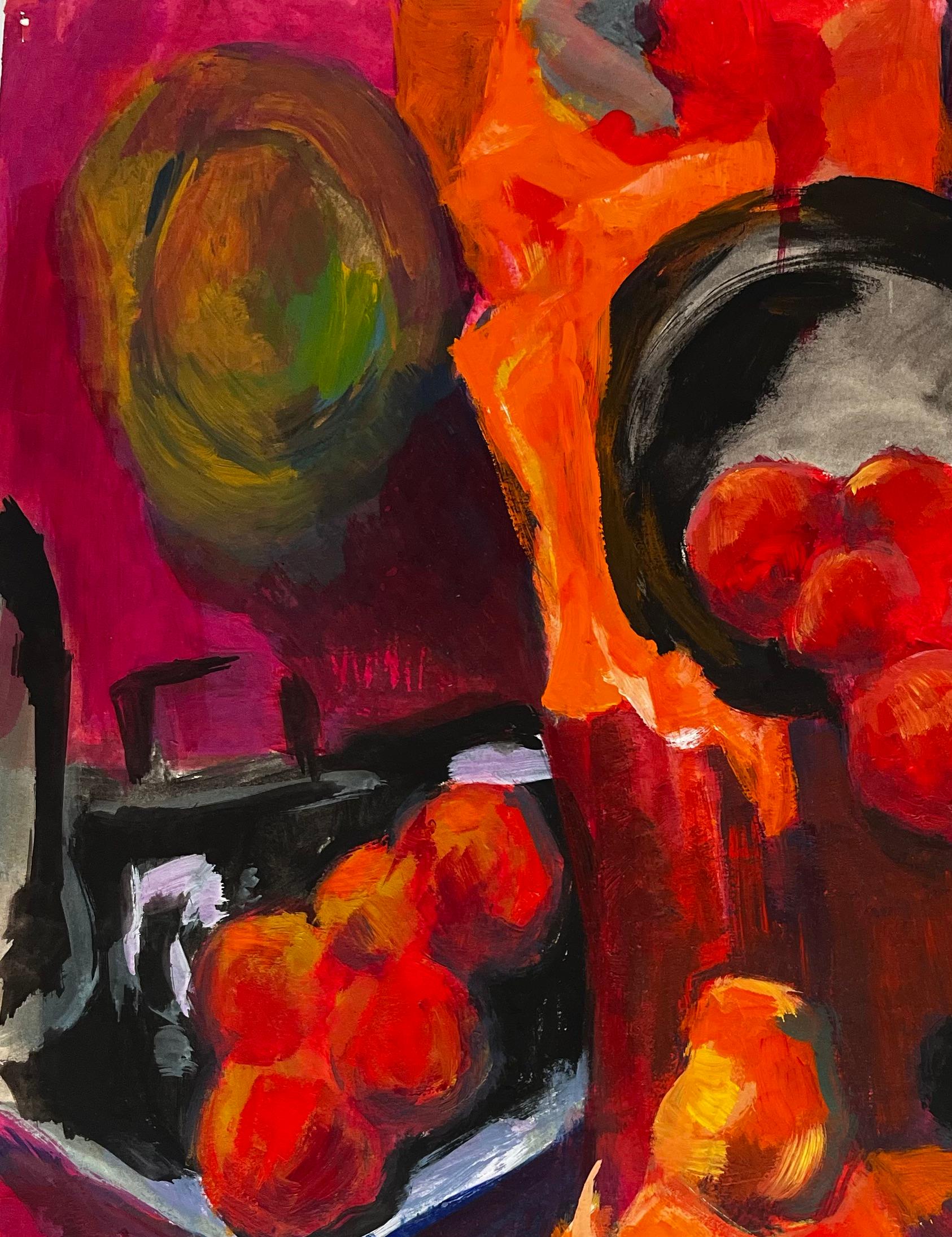 Abstract Still Life with Pears Apples and Oranges Modernist Gouache - Red Still-Life Painting by Guy Nicod