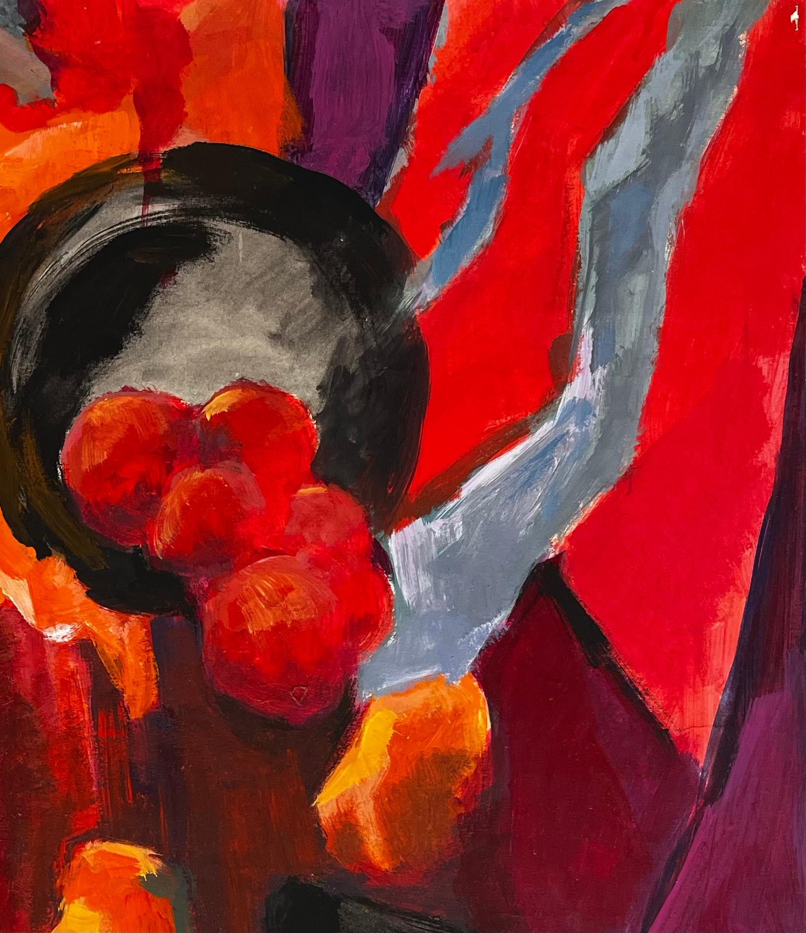 Title: Abstract Still Life with Pears Apples and Oranges Modernist Gouache
Guy Nicod (French 1923 - 2021) 
Gouache on artist paper, unframed
Size: 24 x 19.75 inches (height x width)
Provenance: Artists estate, France
Condition: Good overall with