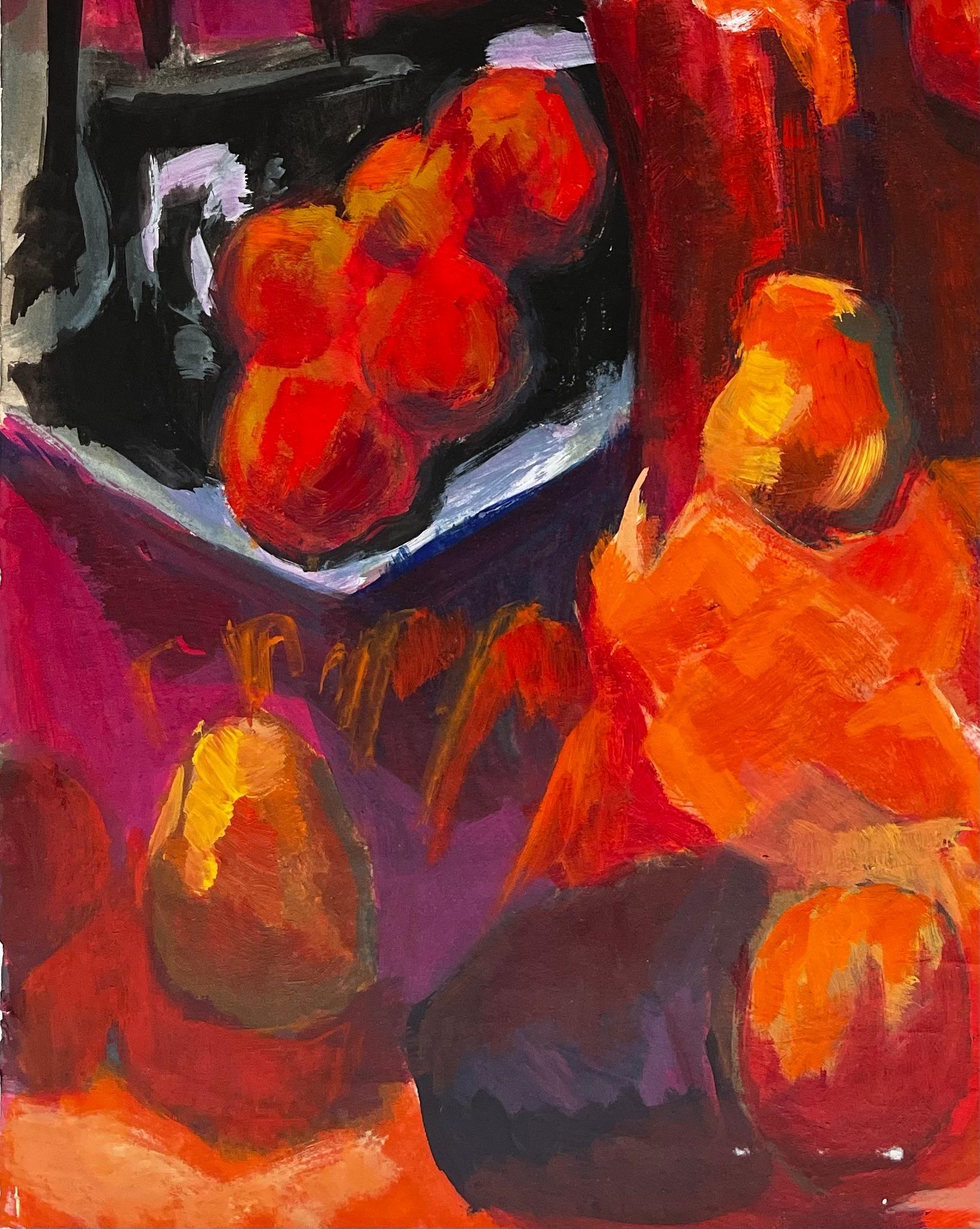 Abstract Still Life with Pears Apples and Oranges Modernist Gouache For Sale 2