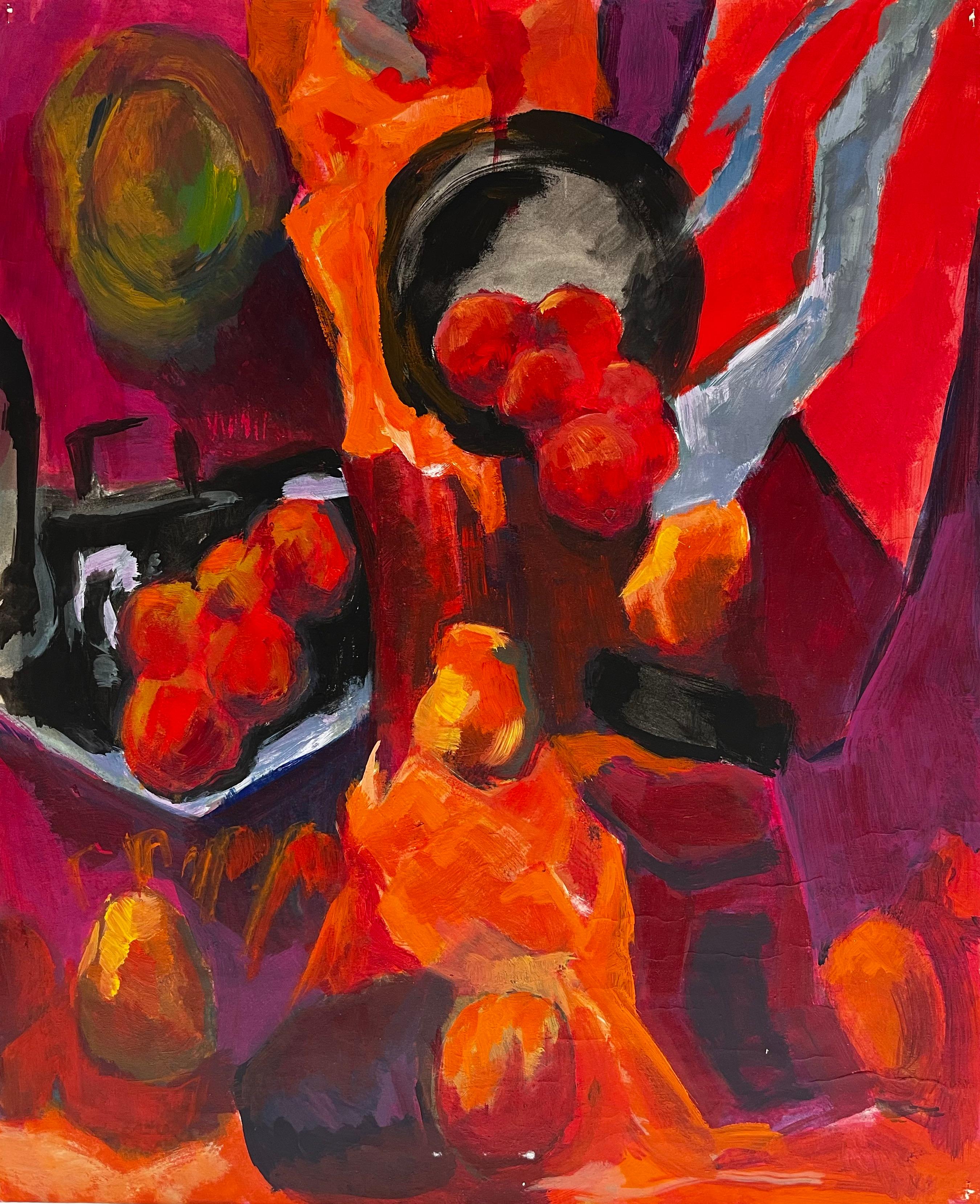 Guy Nicod Still-Life Painting - Abstract Still Life with Pears Apples and Oranges Modernist Gouache