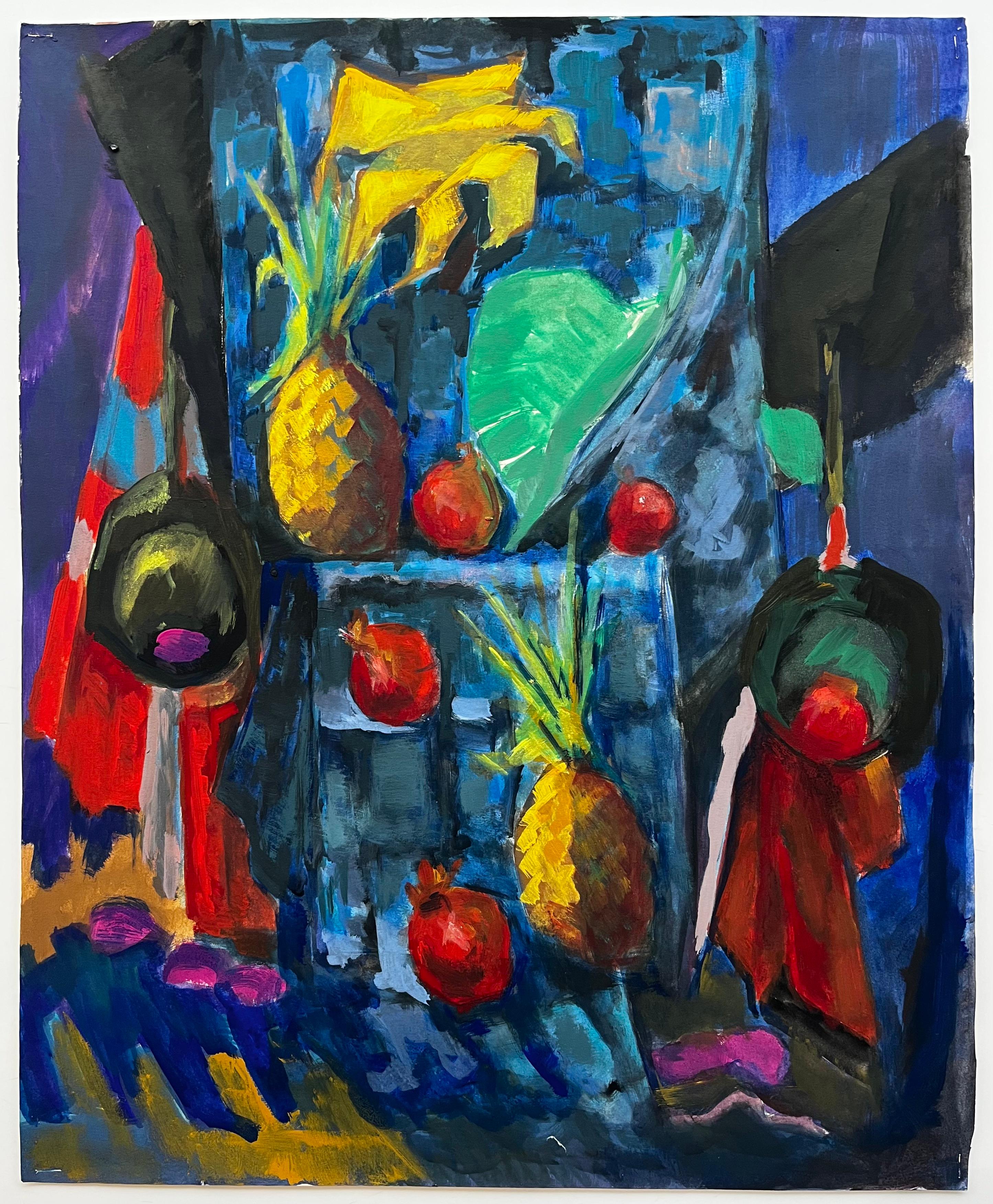 Abstract Still Life with Pineapples Pomegranates and Drapery Modernist Gouache - Painting by Guy Nicod