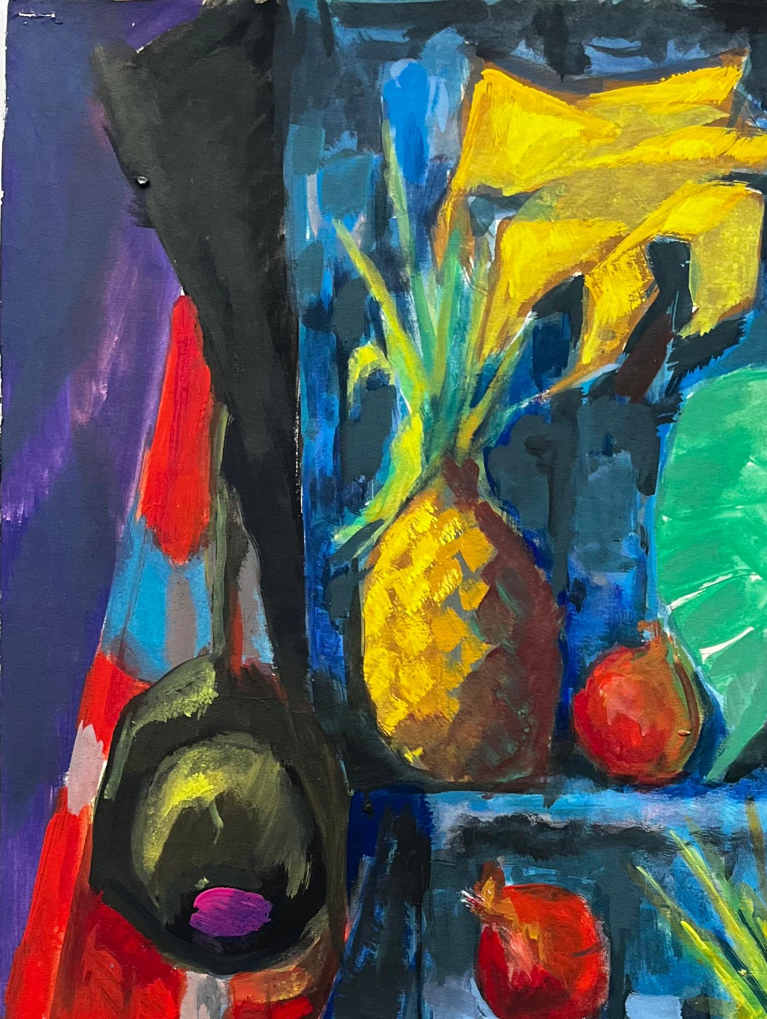 Abstract Still Life with Pineapples Pomegranates and Drapery Modernist Gouache - Black Still-Life Painting by Guy Nicod