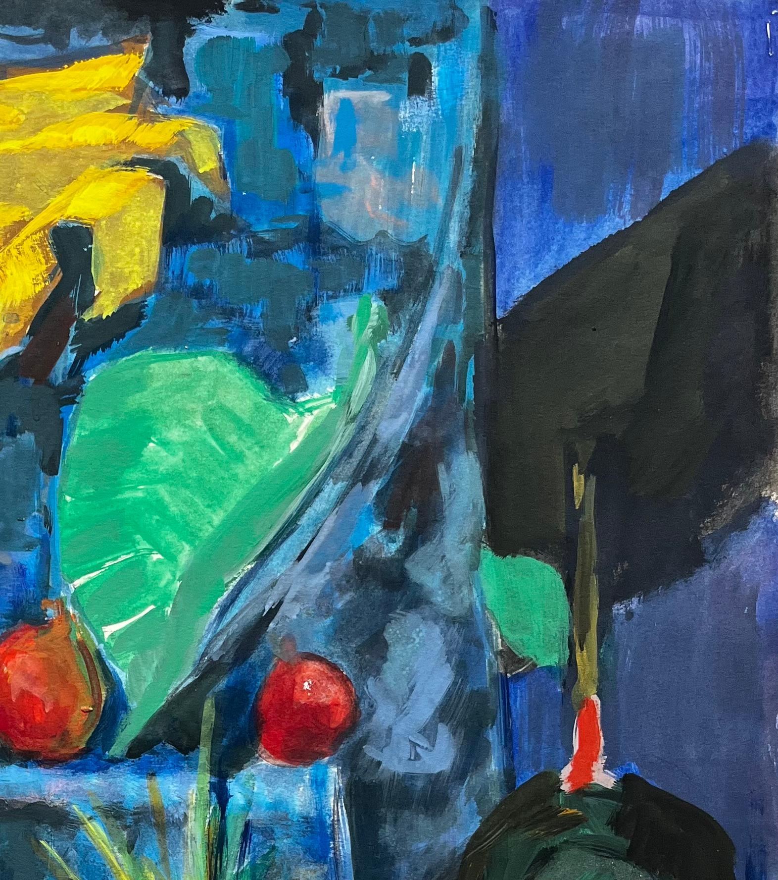 Title: Abstract Still Life with Pineapples Pomegranates and Drapery Modernist Gouache
Guy Nicod (French 1923 - 2021) 
Gouache on artist paper, unframed
Size: 24 x 19.5 inches (height x width)
Provenance: Artists estate, France
Condition: Good