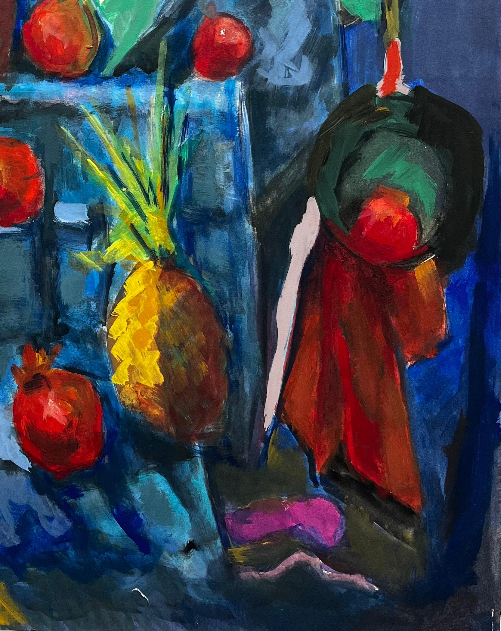 Abstract Still Life with Pineapples Pomegranates and Drapery Modernist Gouache For Sale 1
