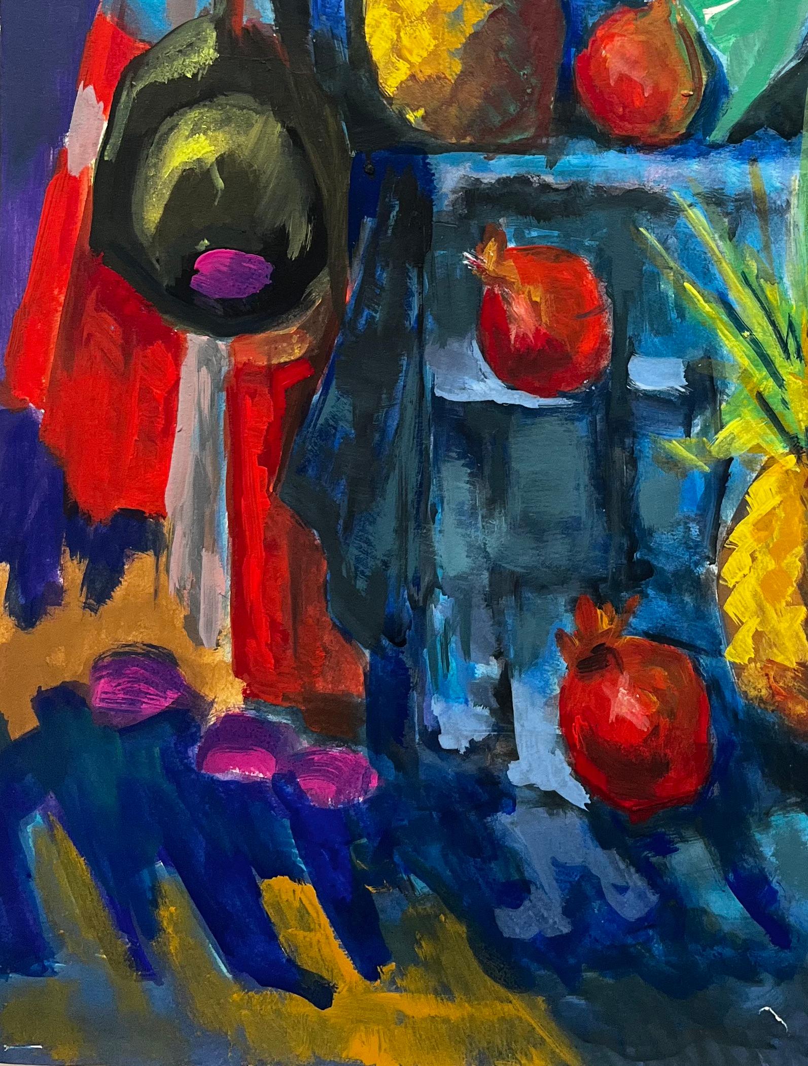 Abstract Still Life with Pineapples Pomegranates and Drapery Modernist Gouache For Sale 2