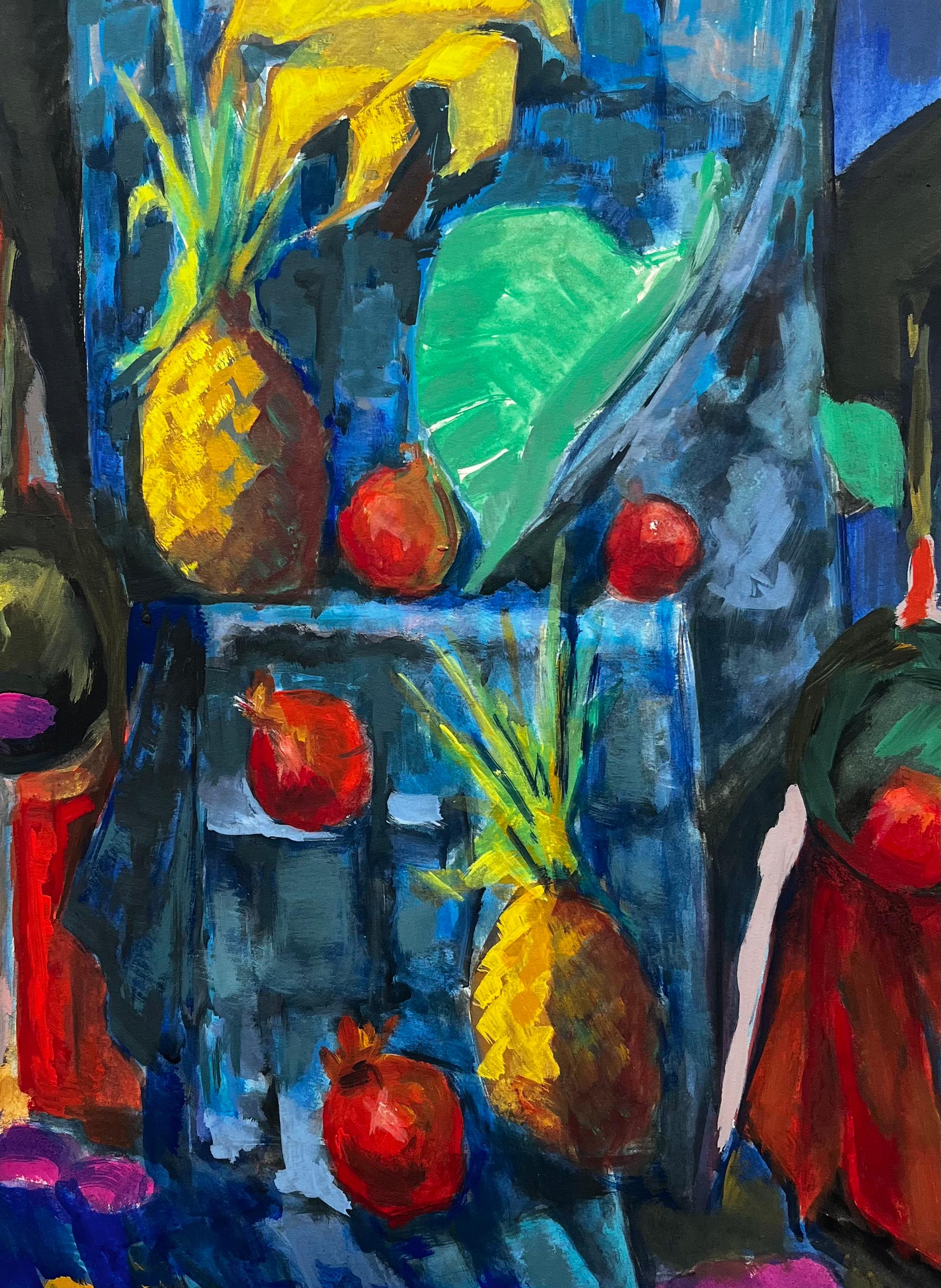 Abstract Still Life with Pineapples Pomegranates and Drapery Modernist Gouache For Sale 3