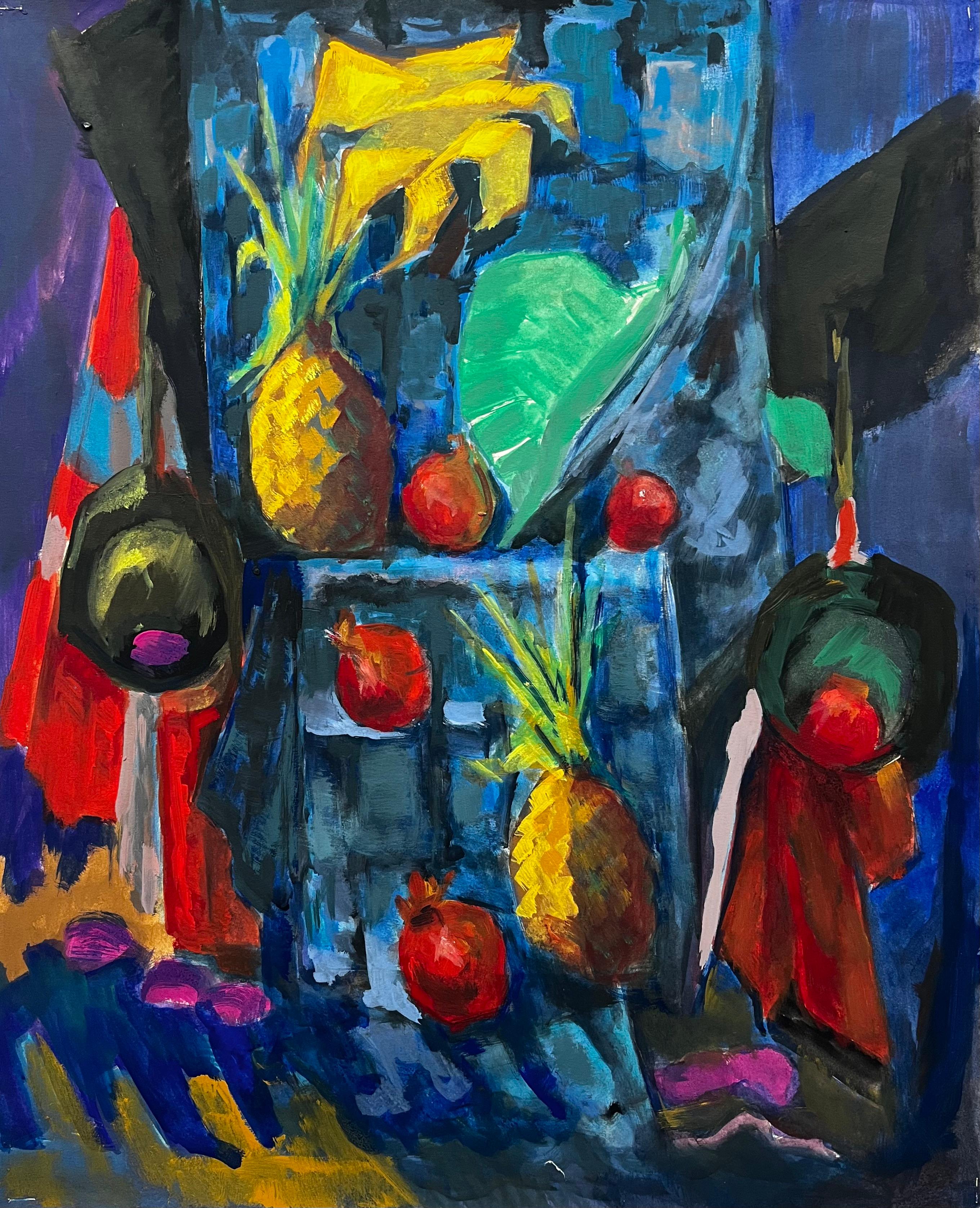 Abstraktes Stillleben mit Ananas, Granatäpfeln und Draperie Modernist Gouache