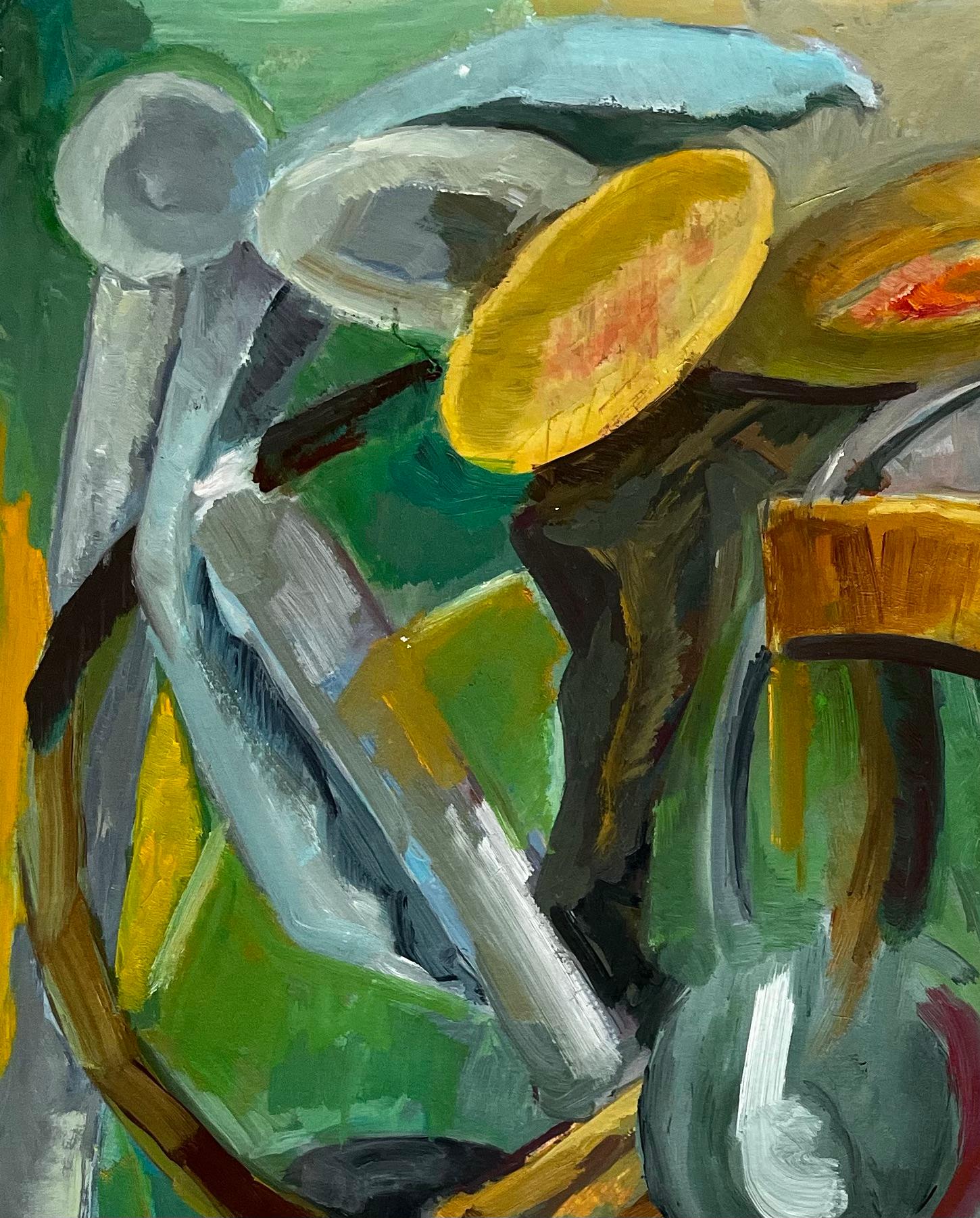 Nature morte abstraite avec assiettes, bols et chaise Gouache moderniste française - Painting de Guy Nicod