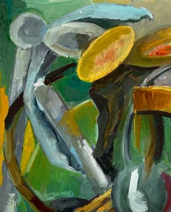 Abstract Still Life with Plates Bowls and Chair French Modernist Gouache