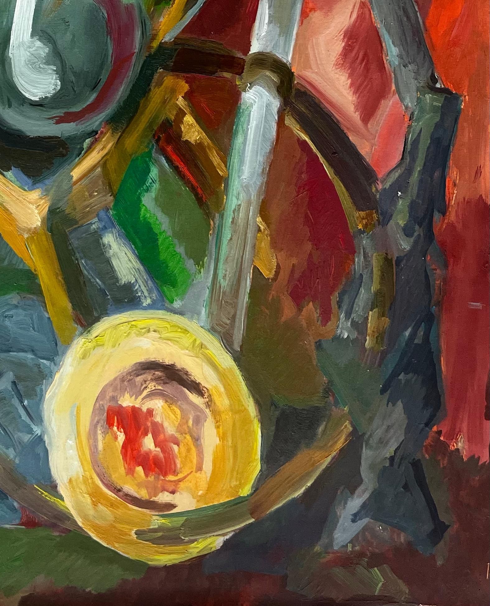 Nature morte abstraite avec assiettes, bols et chaise Gouache moderniste française - Moderne Painting par Guy Nicod