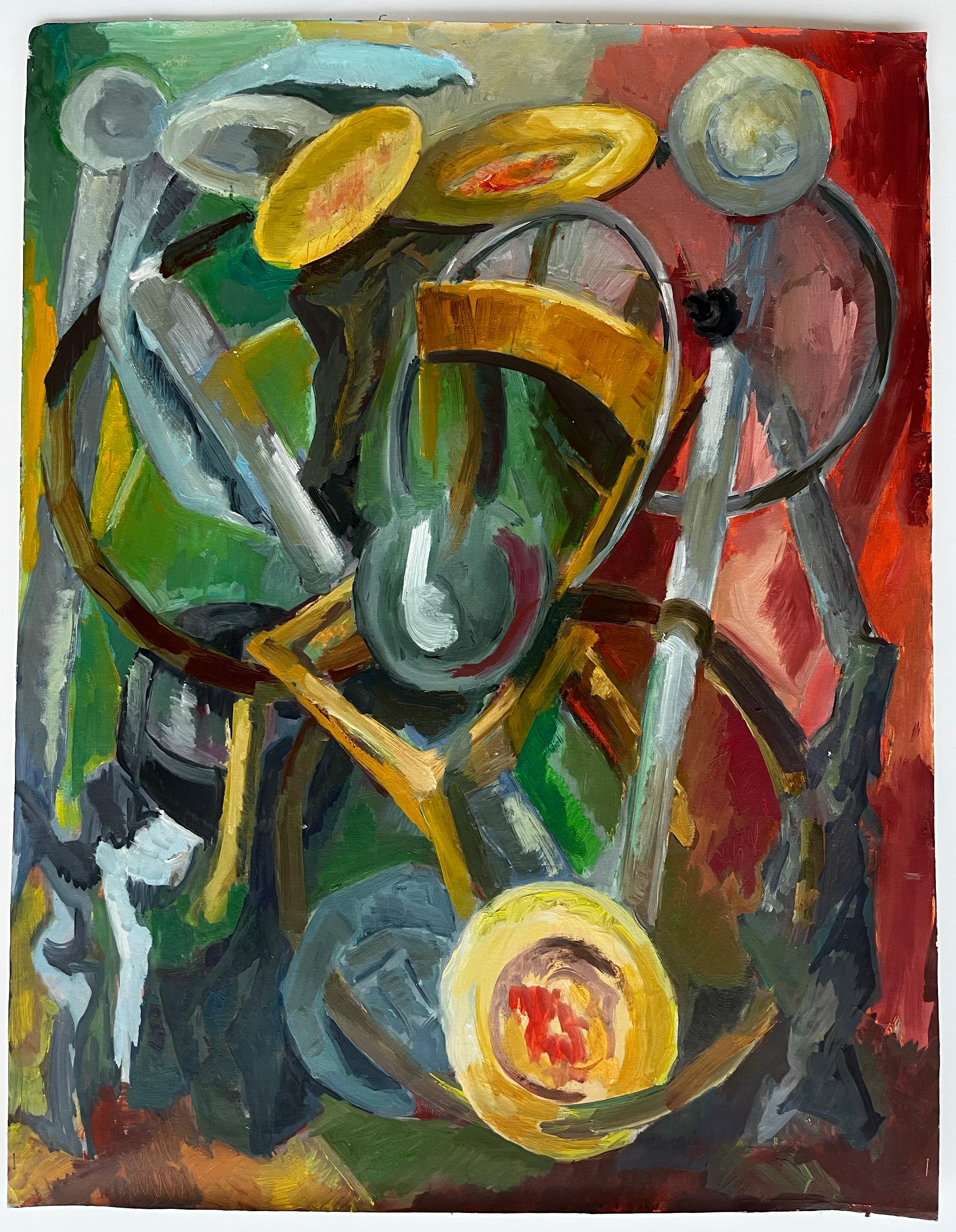 Nature morte abstraite avec assiettes, bols et chaise Gouache moderniste française - Noir Still-Life Painting par Guy Nicod