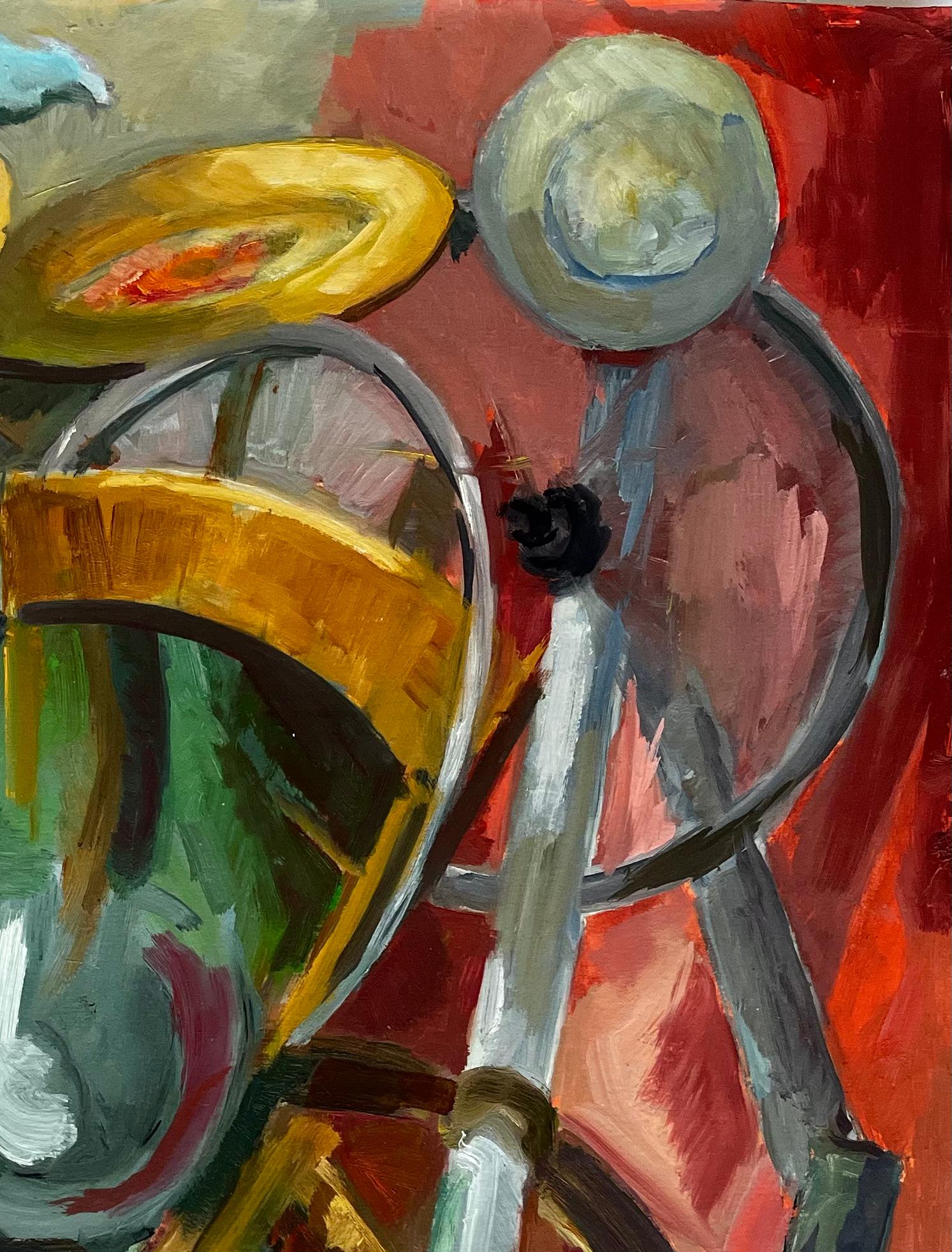 Titre : Nature morte abstraite avec assiettes, bols et chaise Gouache moderniste française
Guy Nicod (français 1923 - 2021) 
Gouache et huile sur papier d'artiste, non encadré
Taille : 25.75 x 19.75 pouces (hauteur x largeur)
Provenance : Succession